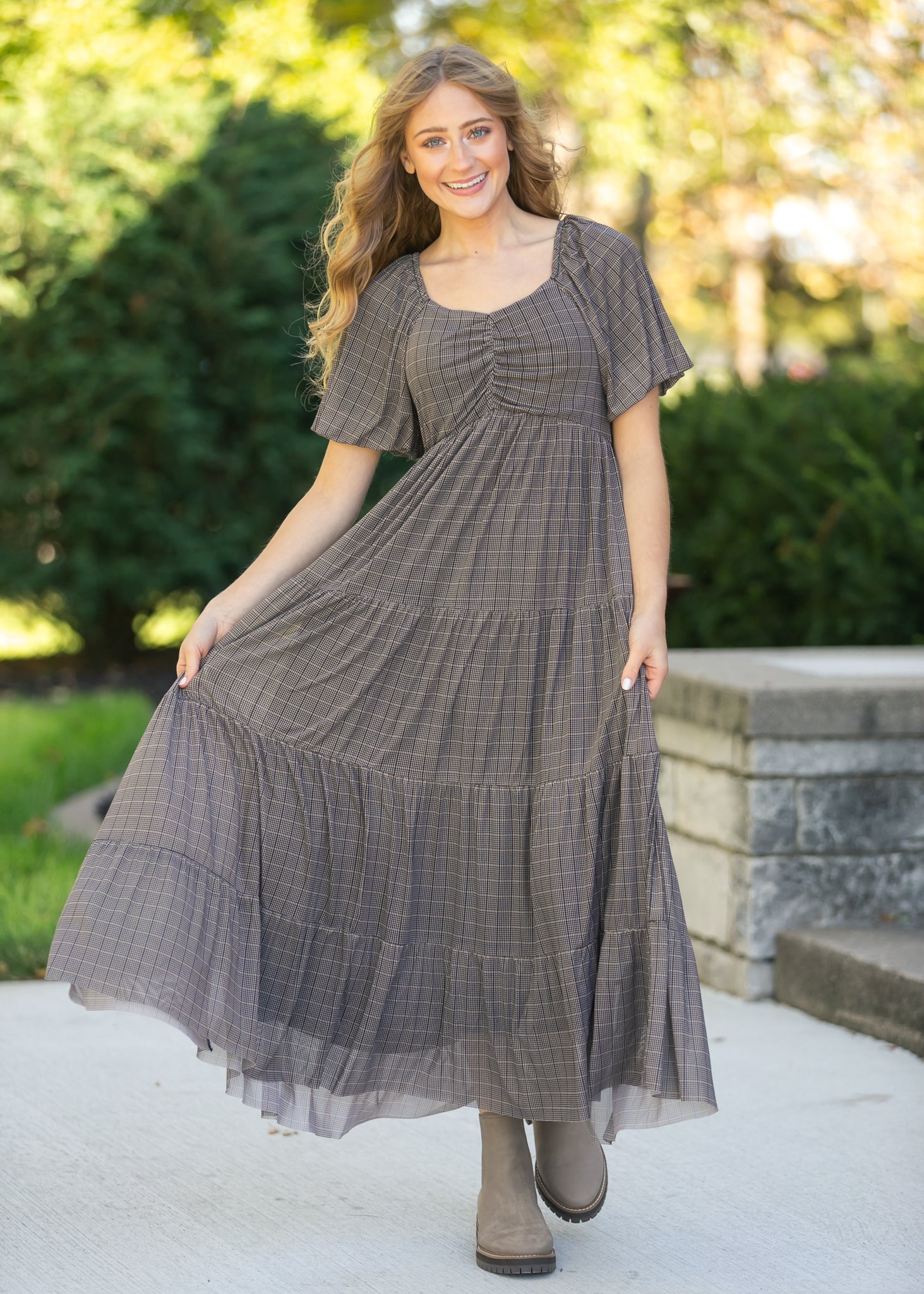 Plaid Mesh Tiered Maxi Dress