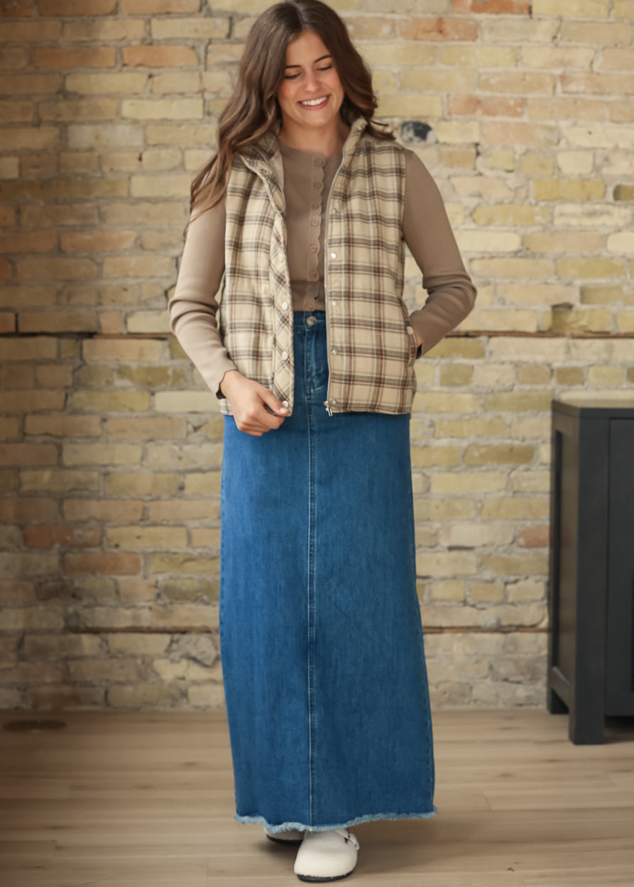 Plaid Mock Neck Puffer Vest FF Tops