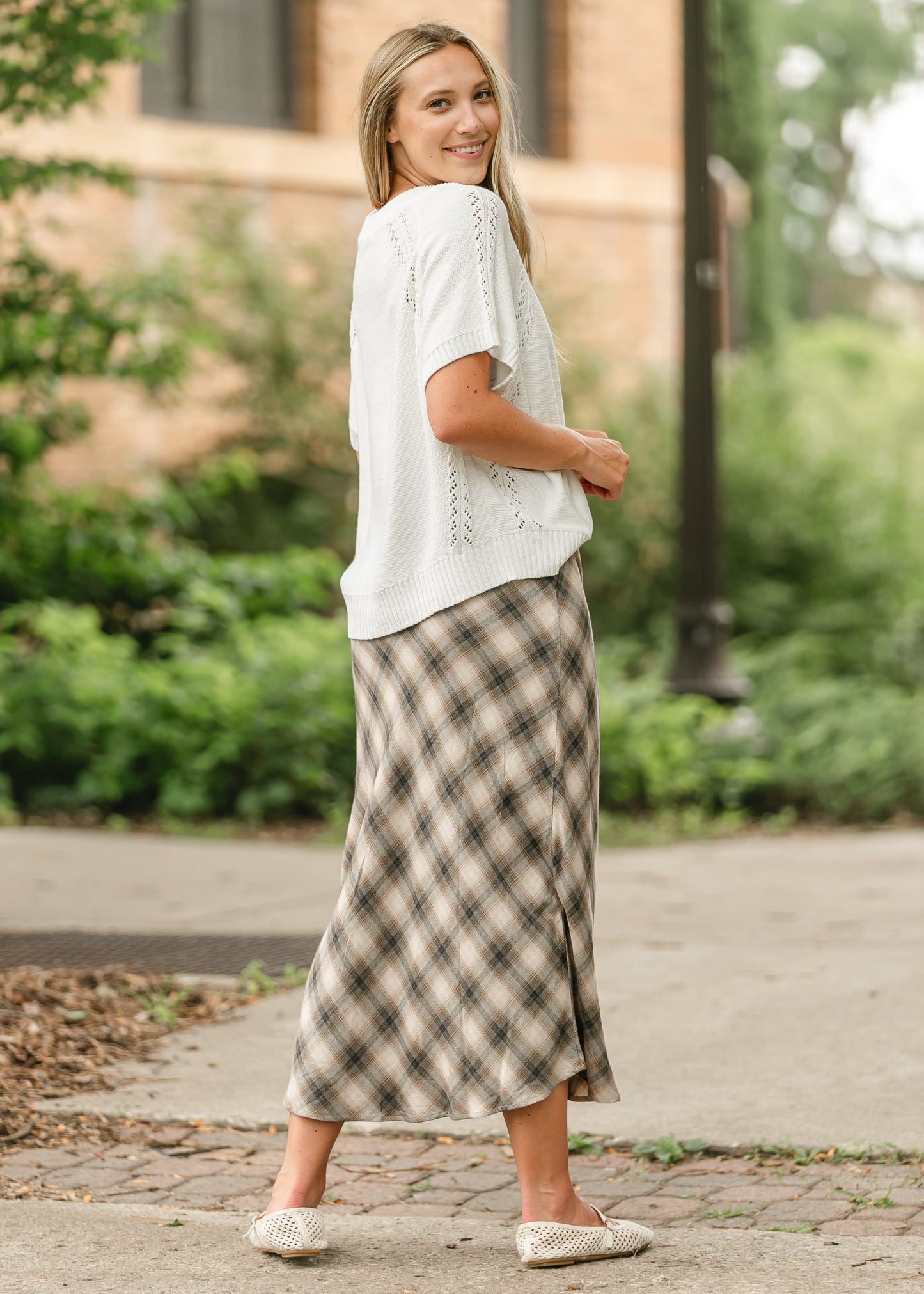 Plaid Print Flowy Midi Skirt FF Skirts