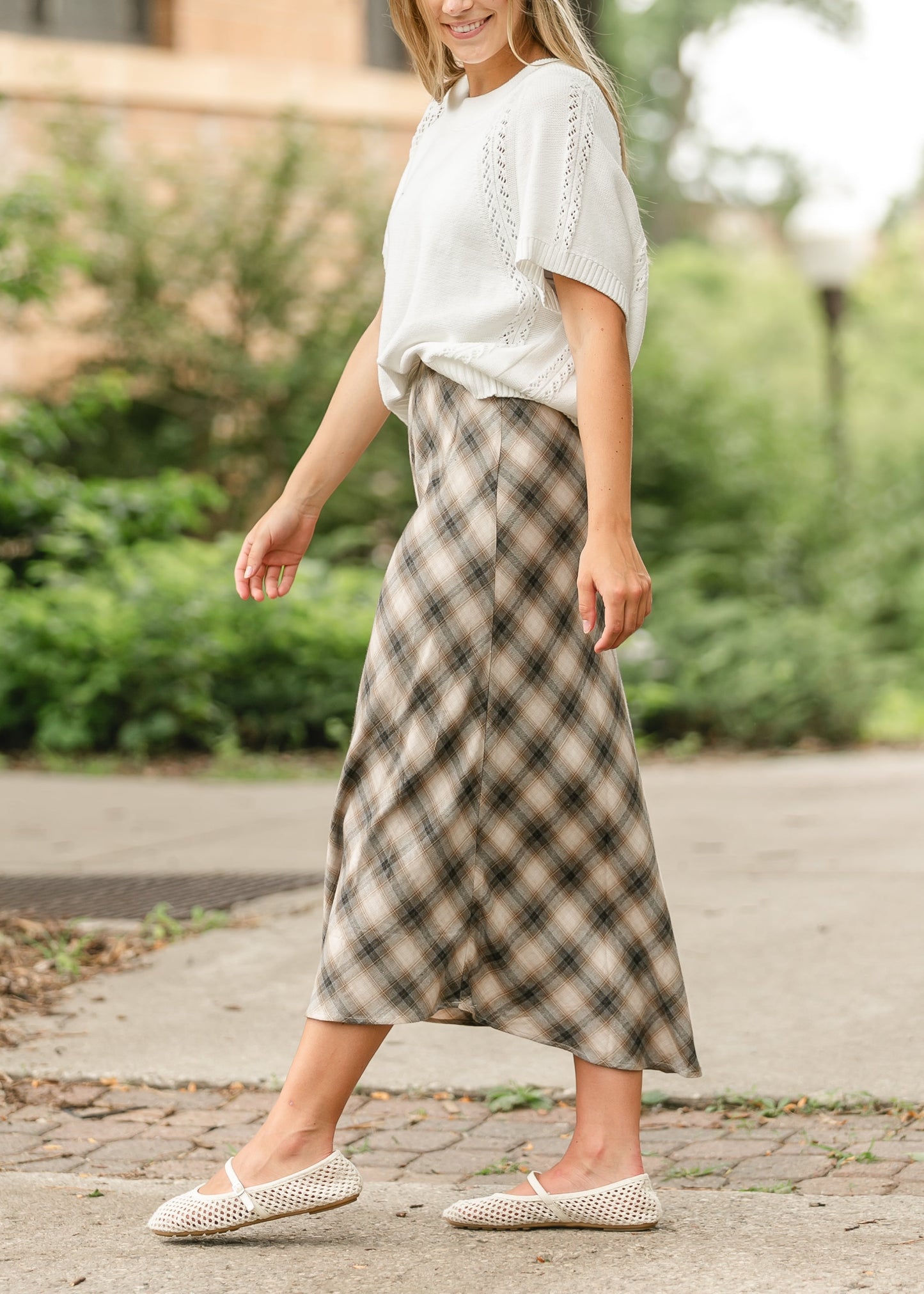 Plaid Print Flowy Midi Skirt FF Skirts
