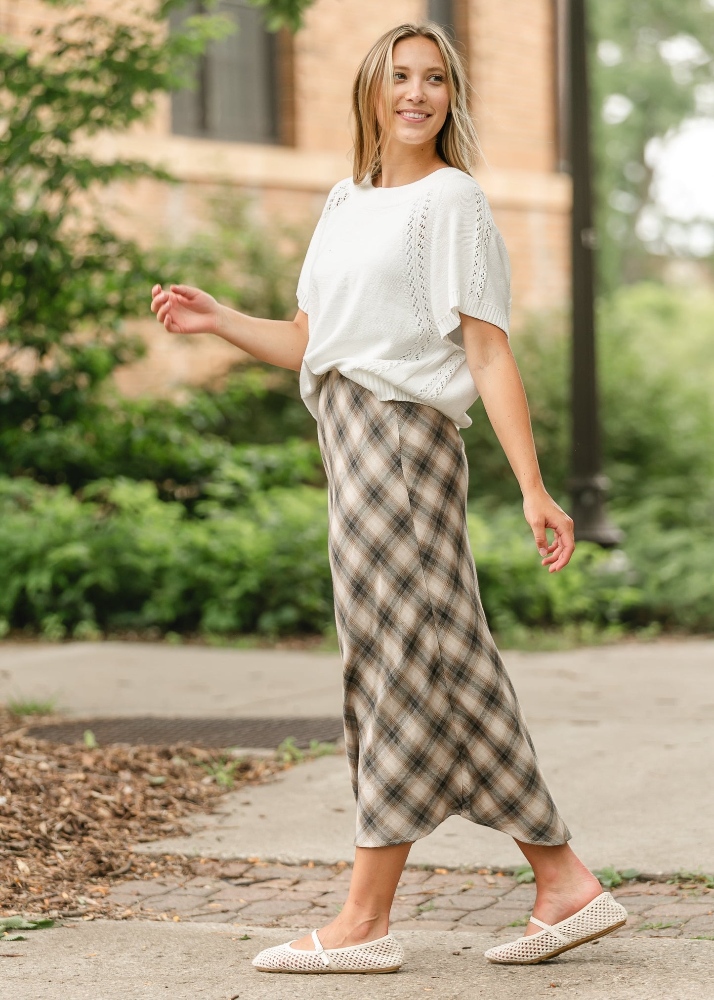 Plaid Print Flowy Midi Skirt FF Skirts
