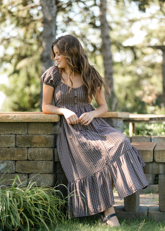 Plaid Puff Sleeve Maxi Dress FF Dresses