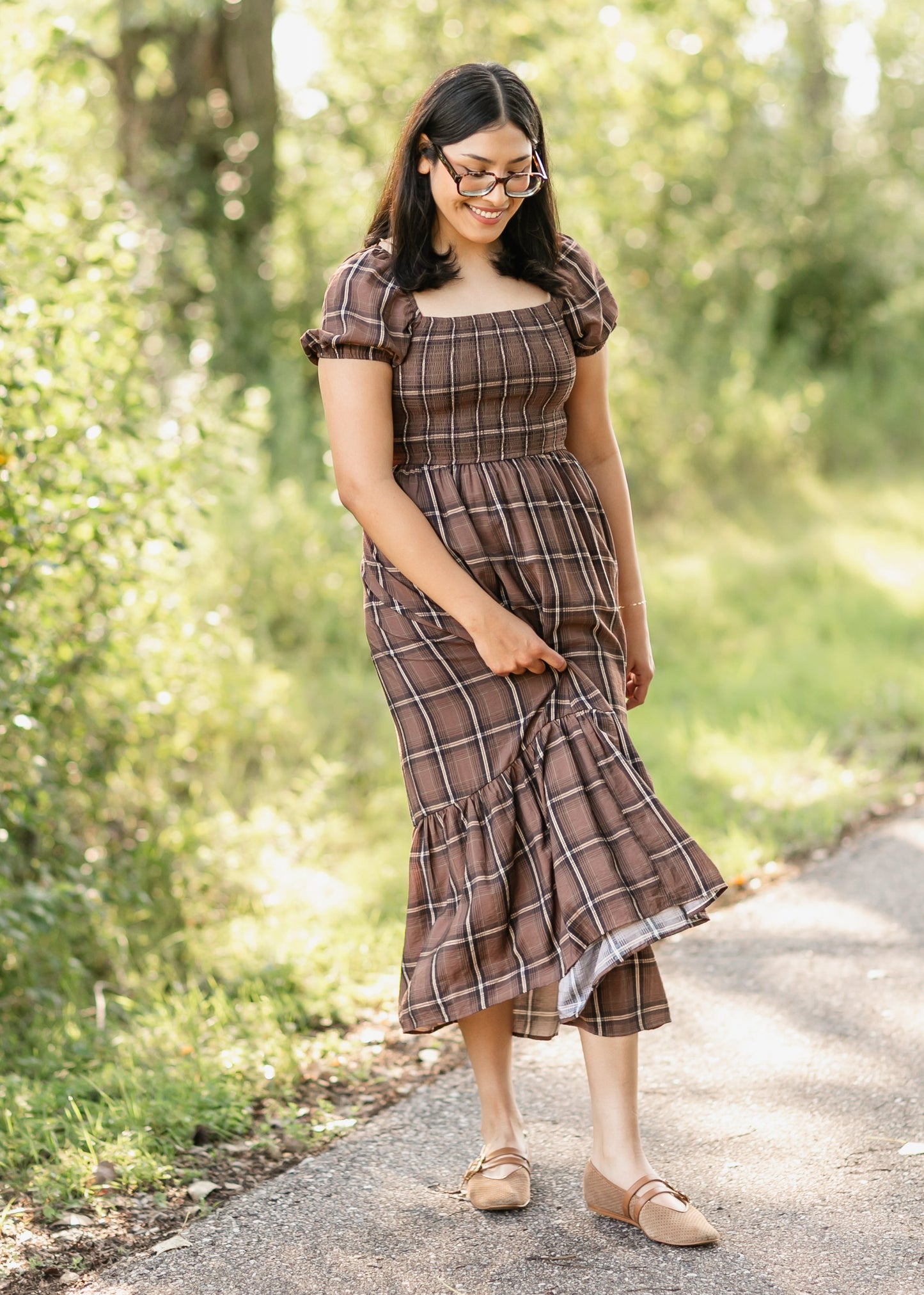 Plaid Smocked Cap Sleeve Midi Dress FF Dresses