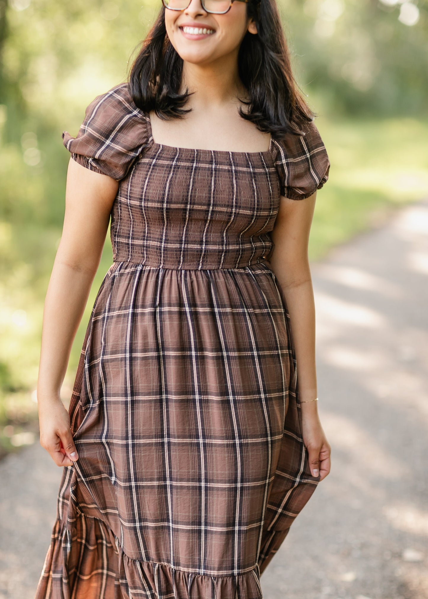 Plaid Smocked Cap Sleeve Midi Dress FF Dresses