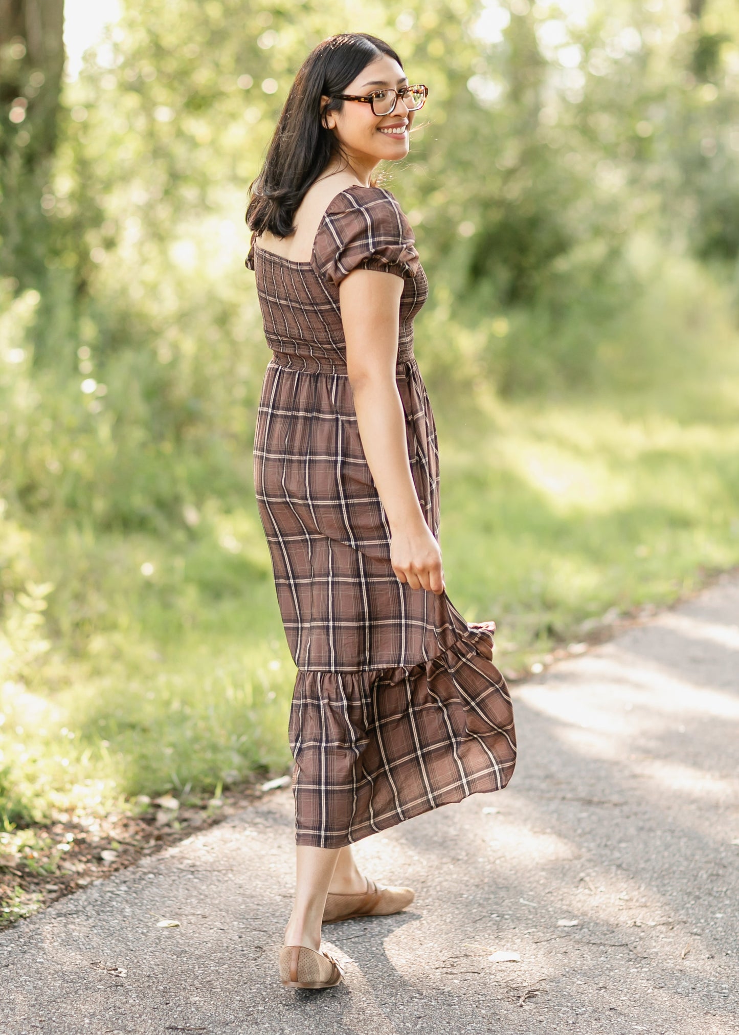 Plaid Smocked Cap Sleeve Midi Dress FF Dresses