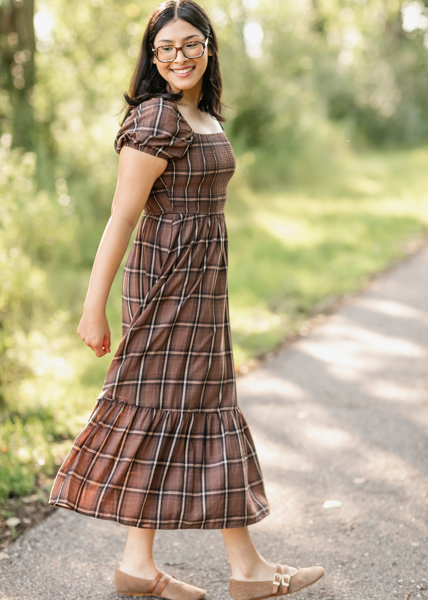 Plaid Smocked Cap Sleeve Midi Dress FF Dresses