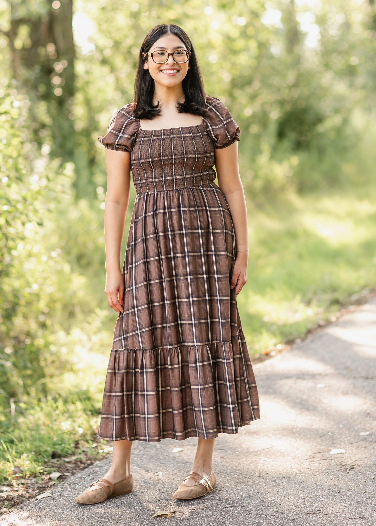 Plaid Smocked Cap Sleeve Midi Dress FF Dresses