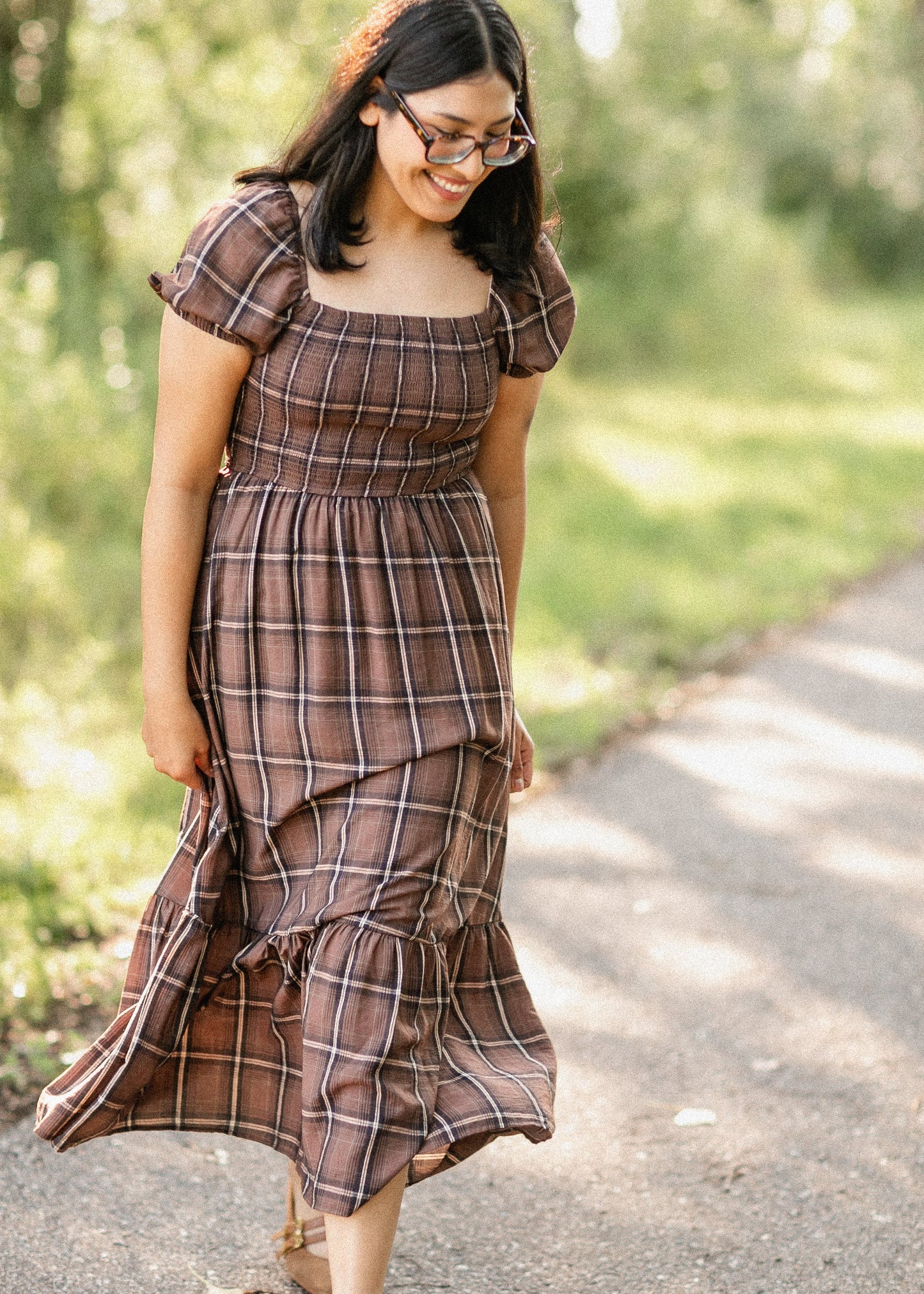 Plaid Smocked Cap Sleeve Midi Dress FF Dresses