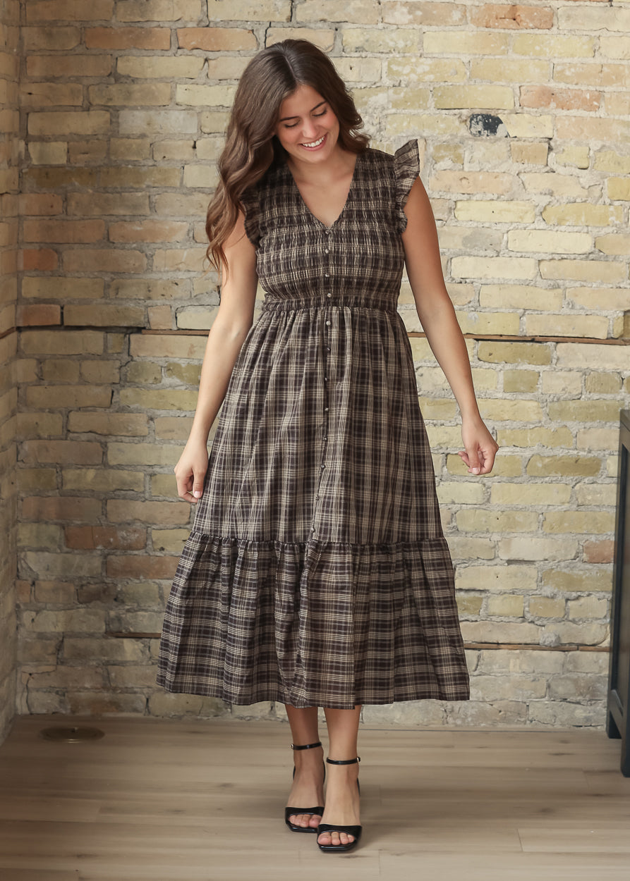 Plaid Smocked V-neck Ruffled Midi Dress FF Dresses