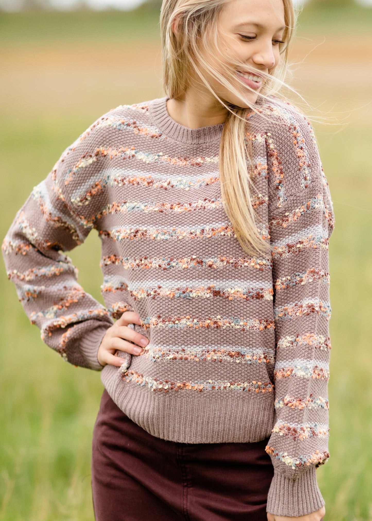 Pom Pom Striped Crew Neck Balloon Sleeve Sweater FF Tops
