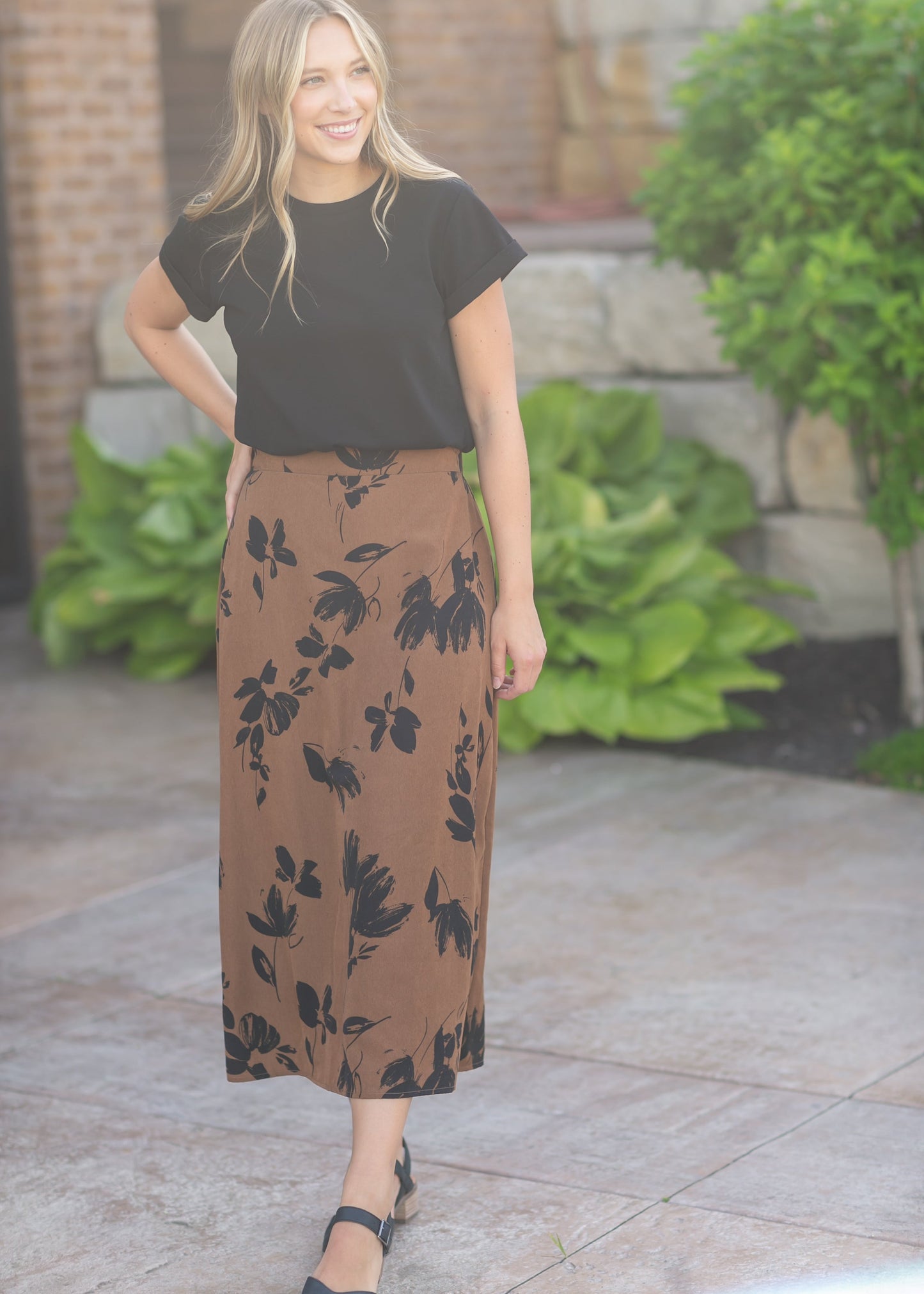 Preorder Braylyn Camel Floral Midi Skirt IC Skirts