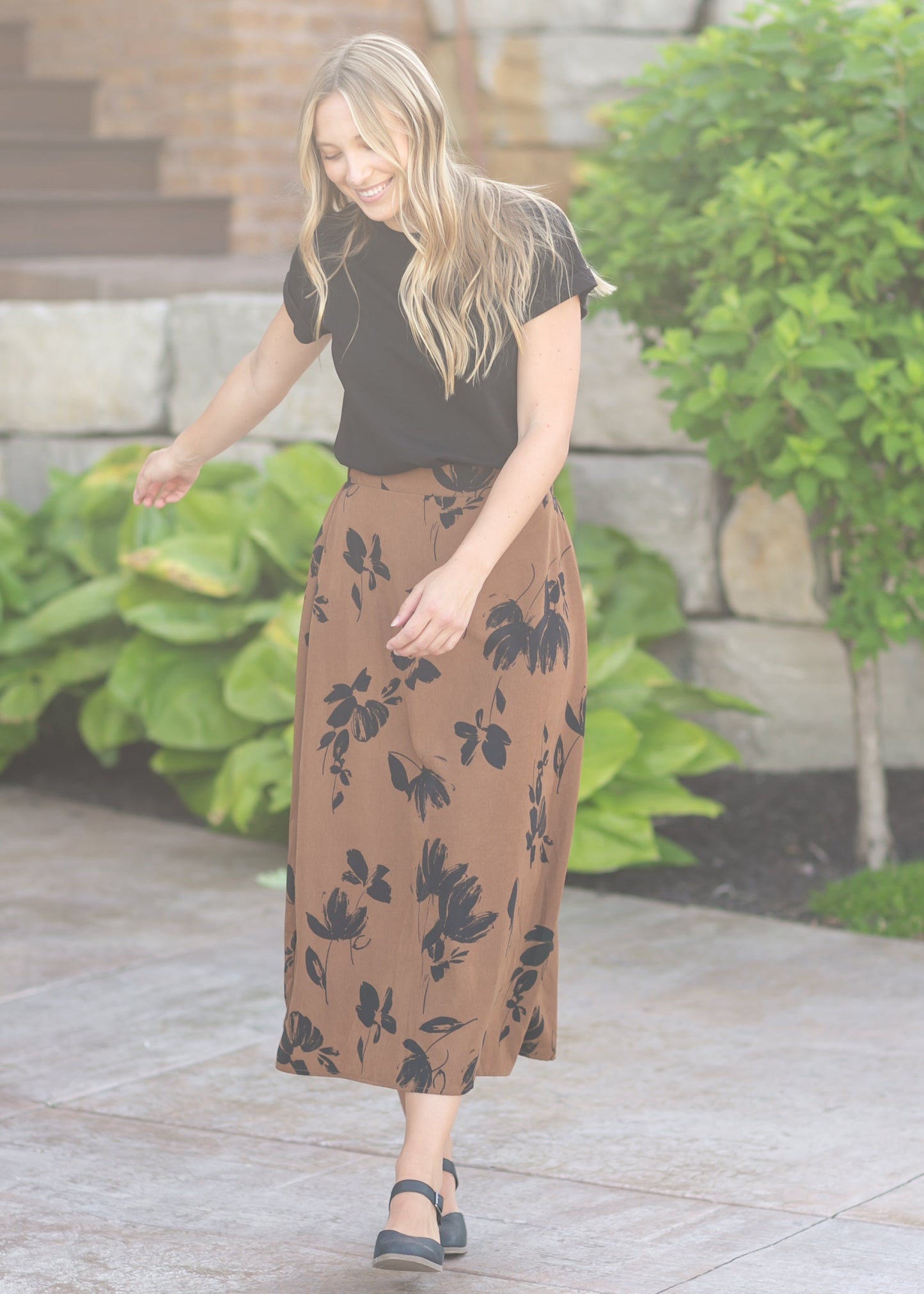 Preorder Braylyn Camel Floral Midi Skirt IC Skirts