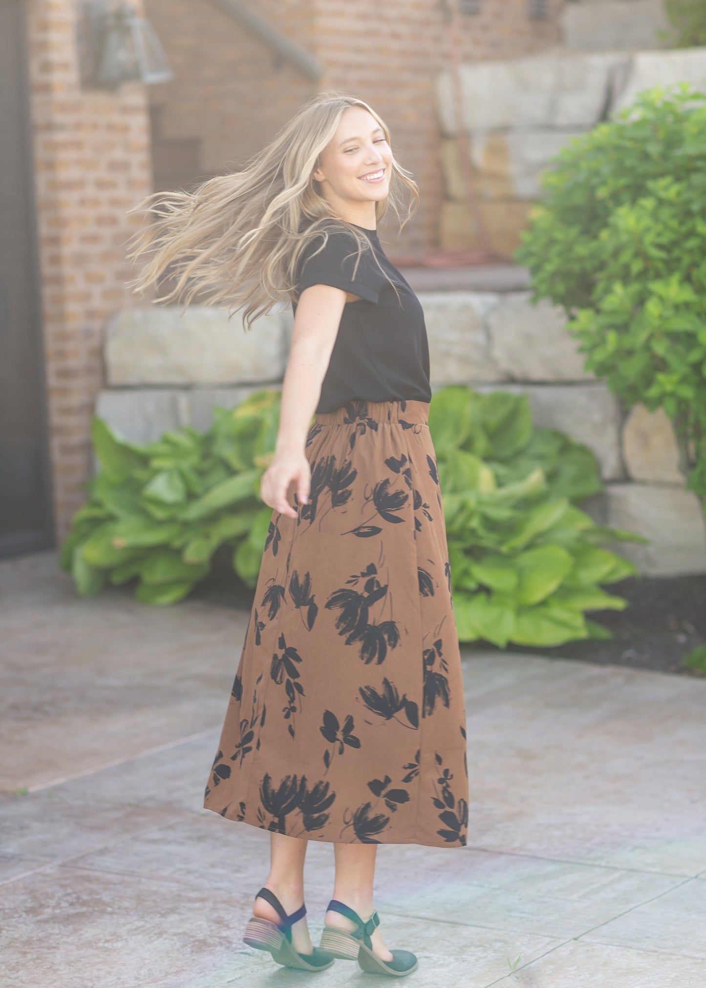 Preorder Braylyn Camel Floral Midi Skirt IC Skirts