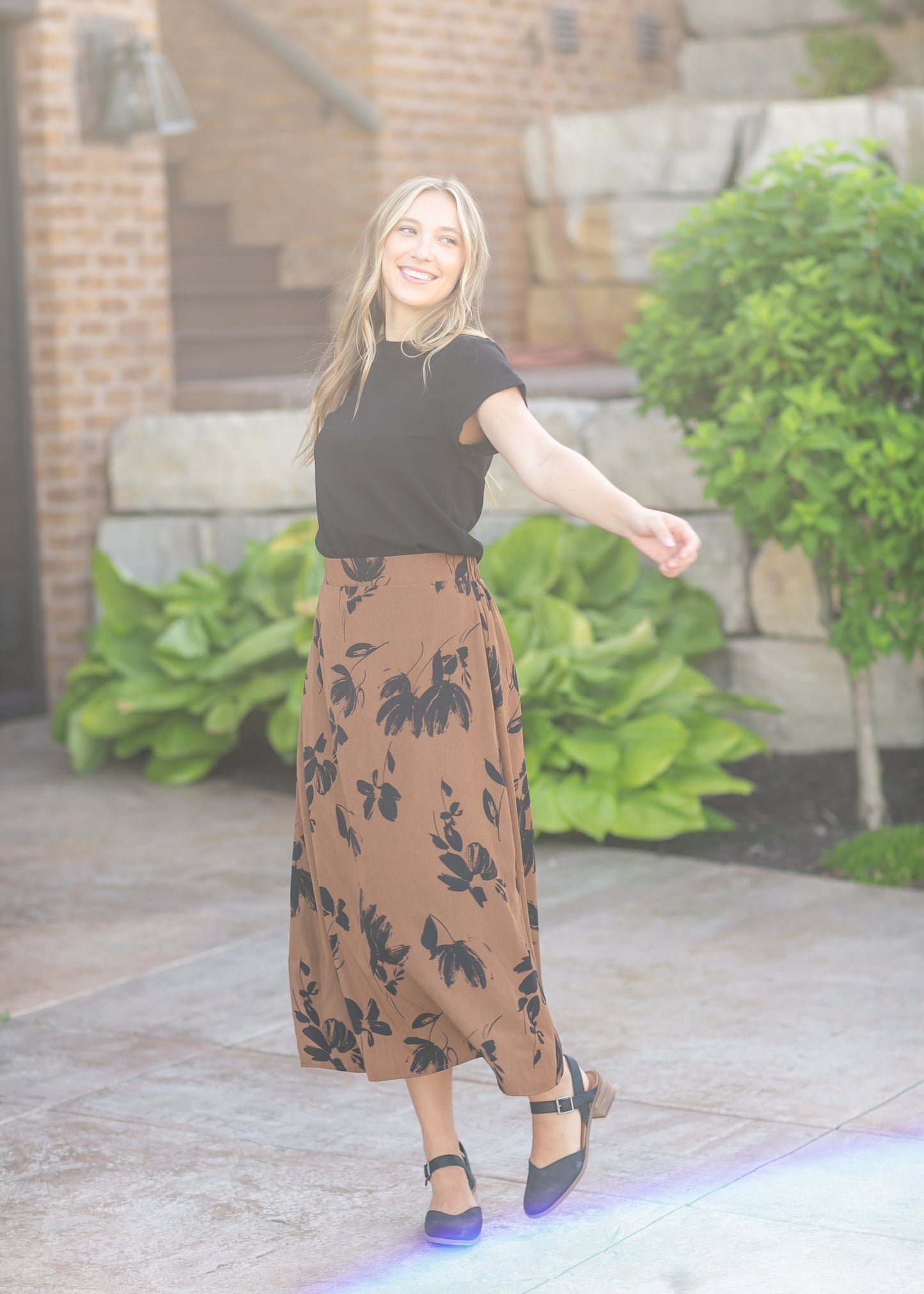Preorder Braylyn Camel Floral Midi Skirt IC Skirts