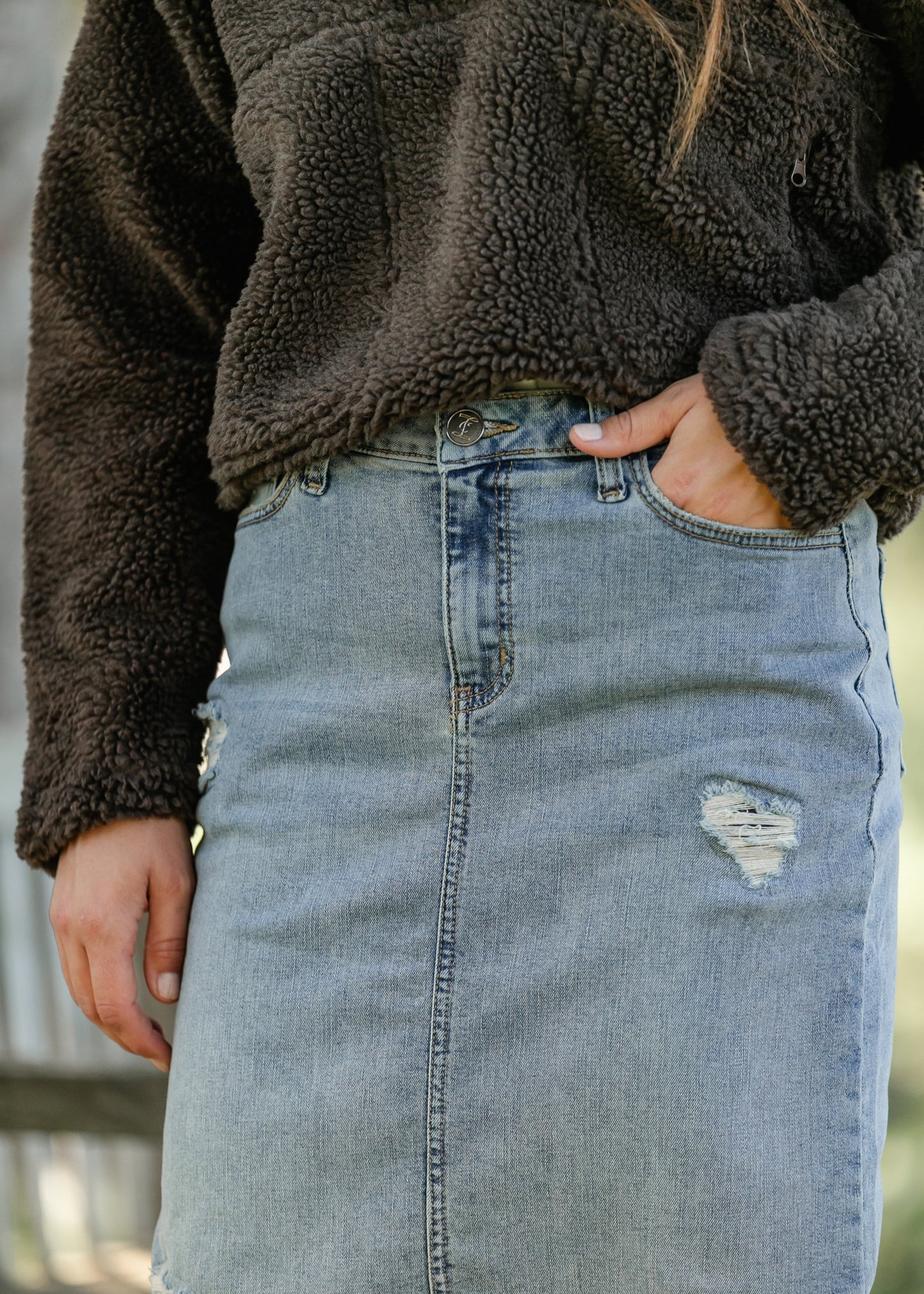 Presley Distressed Denim Midi Skirt IC Skirts