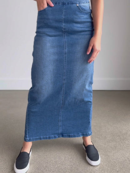 Donna Vintage Wash Long Denim Skirt