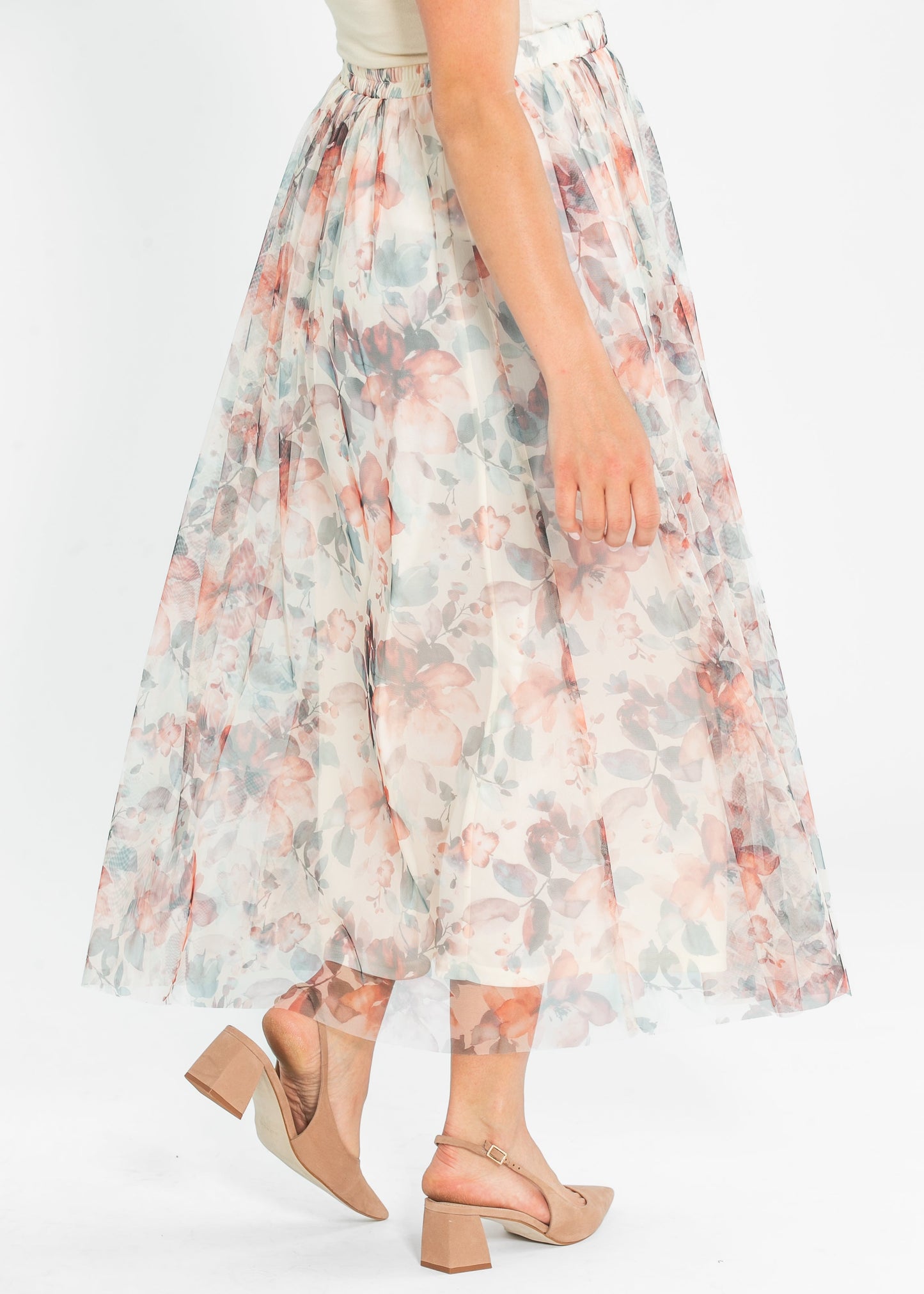 Printed Floral Mesh Midi Skirt FF Skirts