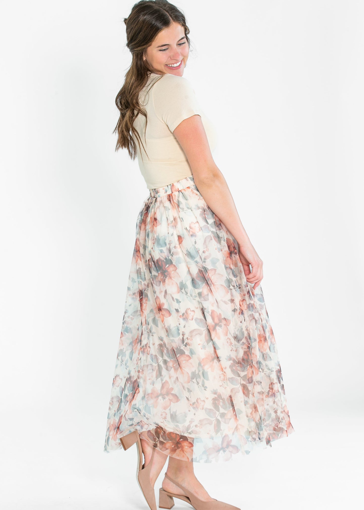 Printed Floral Mesh Midi Skirt FF Skirts