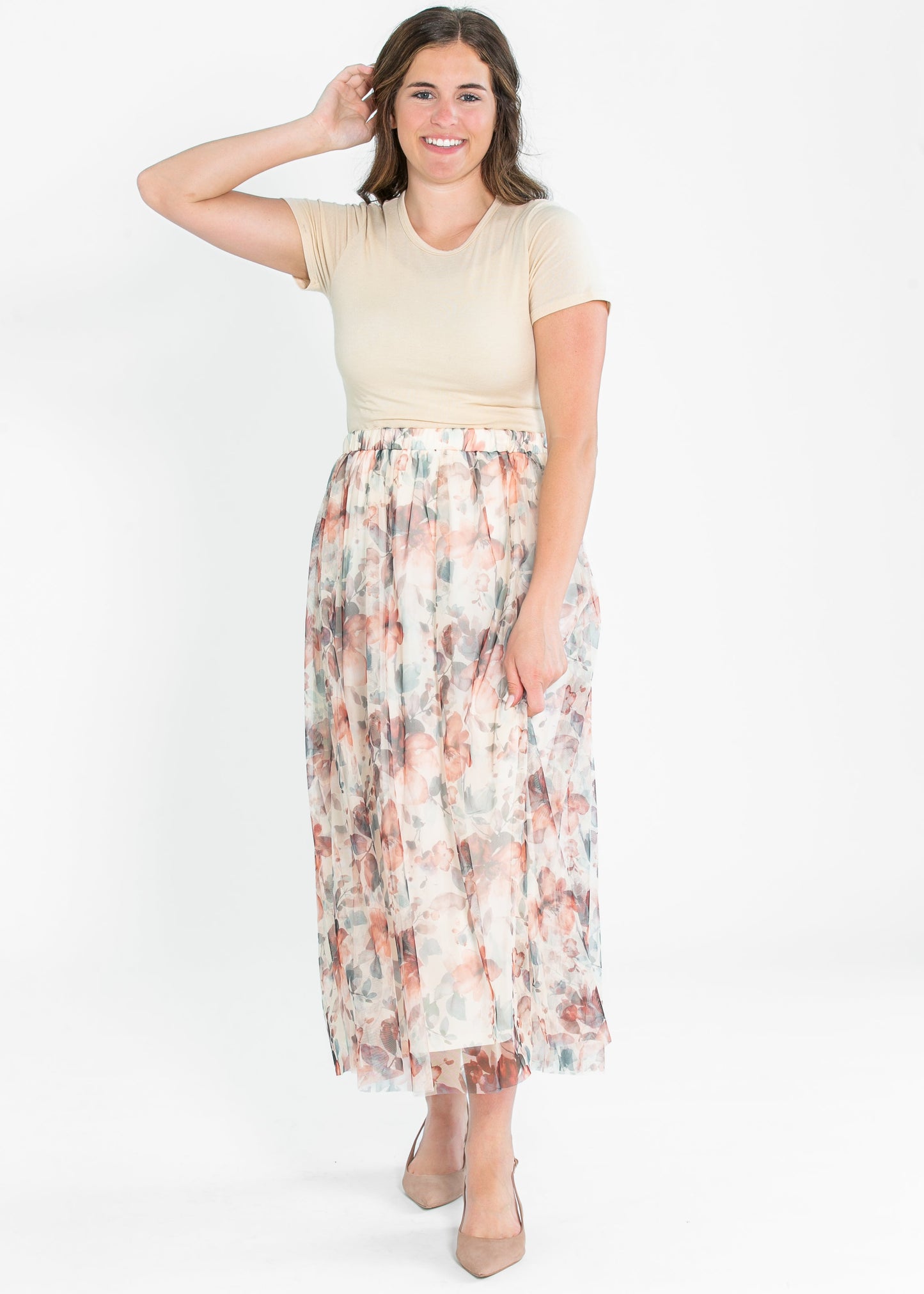 Printed Floral Mesh Midi Skirt FF Skirts