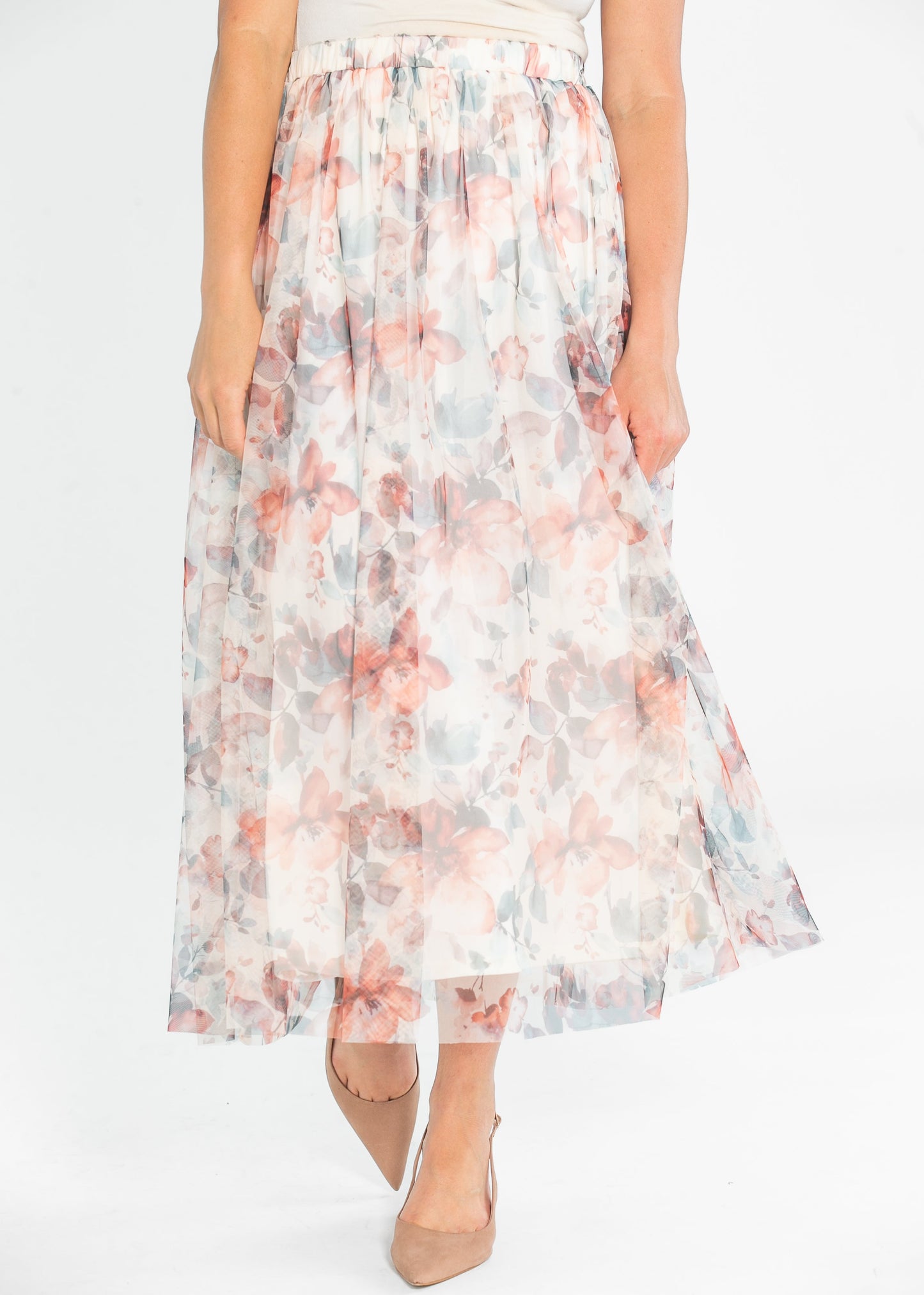 Printed Floral Mesh Midi Skirt FF Skirts