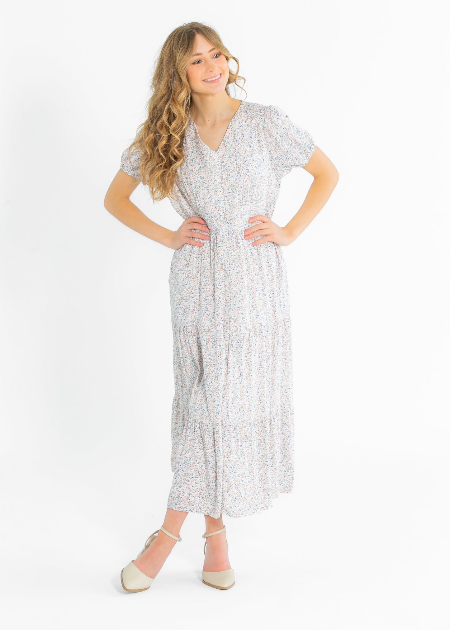 Printed Floral V-neck Button Up Midi Dress FF Dresses