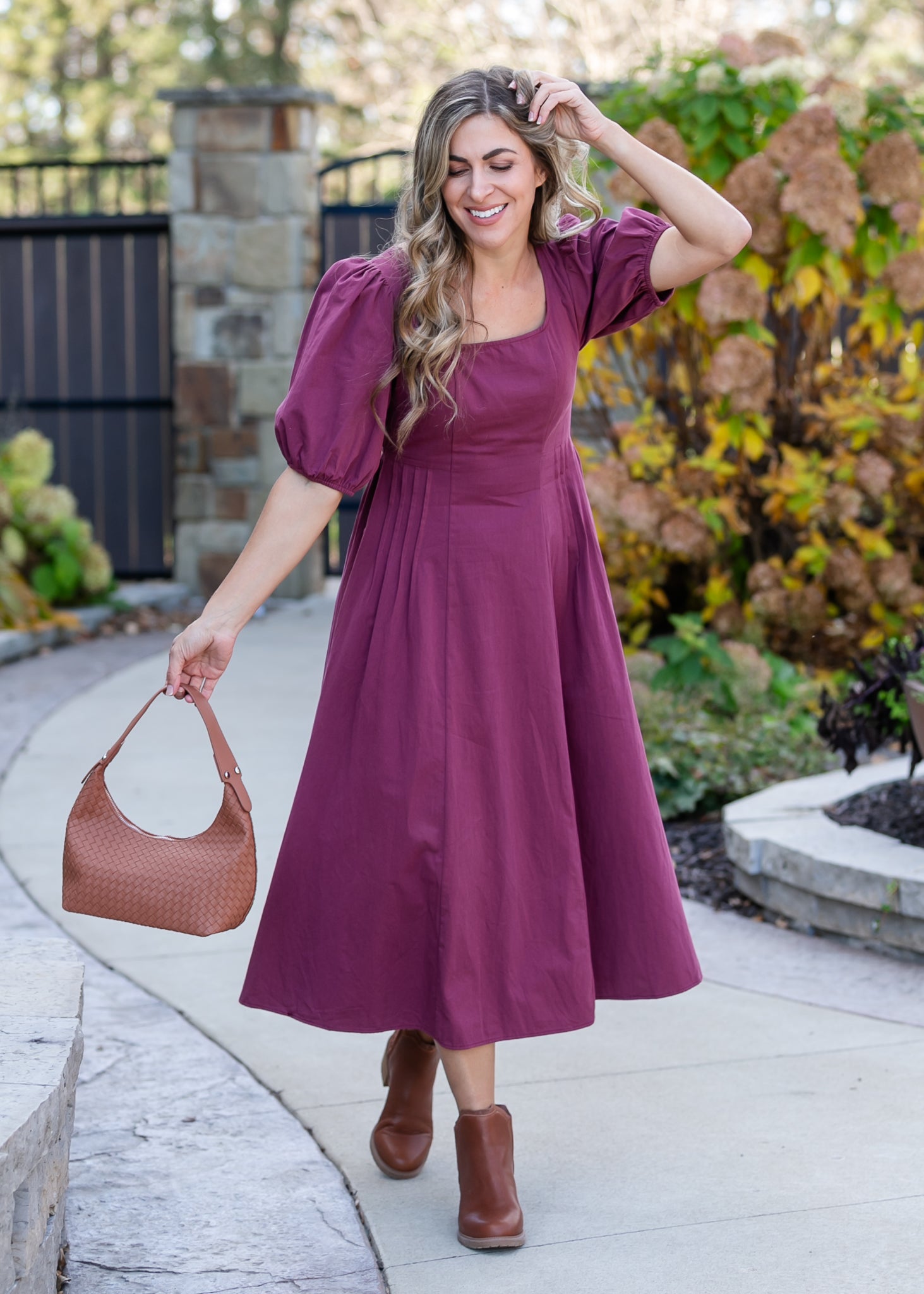 puff sleeve pleated midi dress Puff Sleeve Pleated Waist Midi Dress