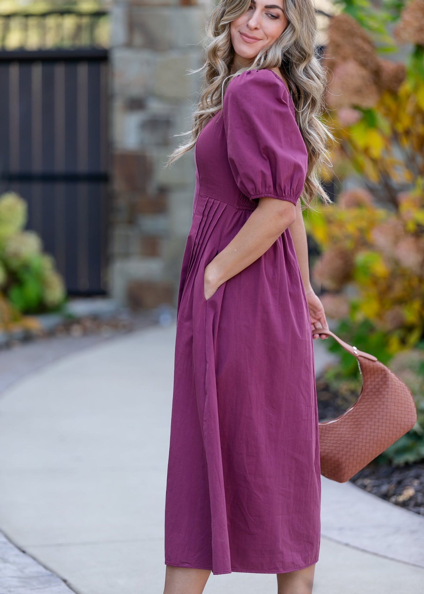 Puff Sleeve Pleated Waist Midi Dress FF Dresses
