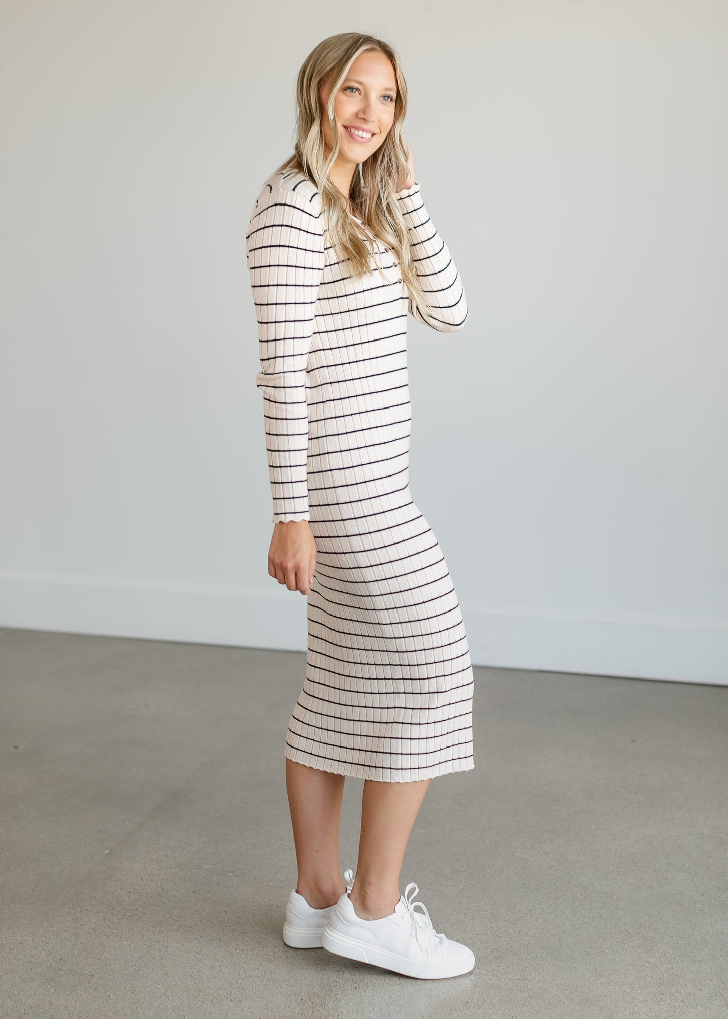 Quarter Button Striped Knit Midi Dress FF Dresses