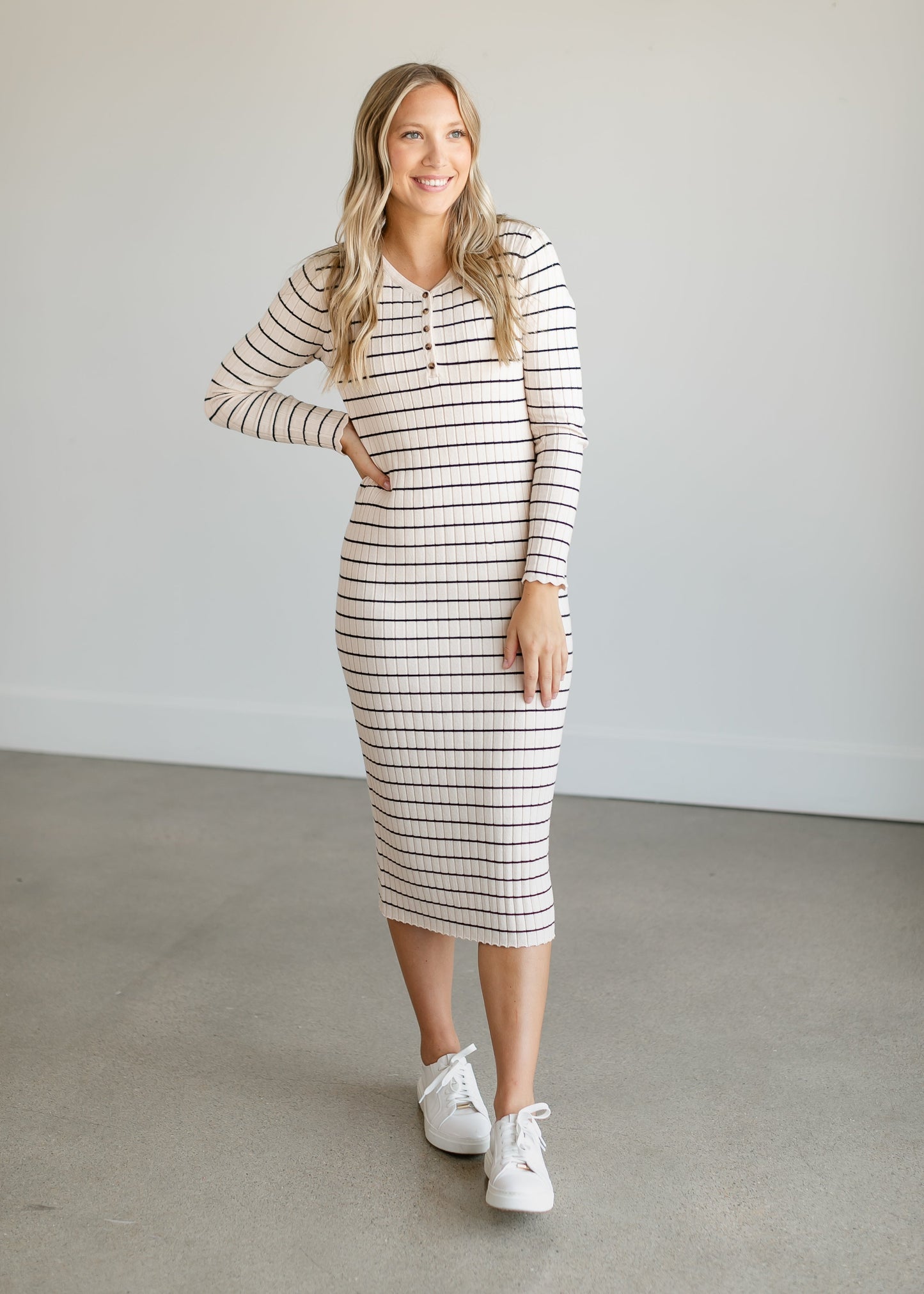 Quarter Button Striped Knit Midi Dress FF Dresses