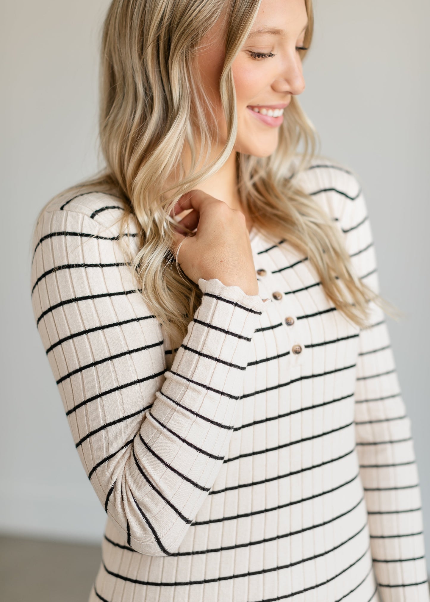 Quarter Button Striped Knit Midi Dress FF Dresses