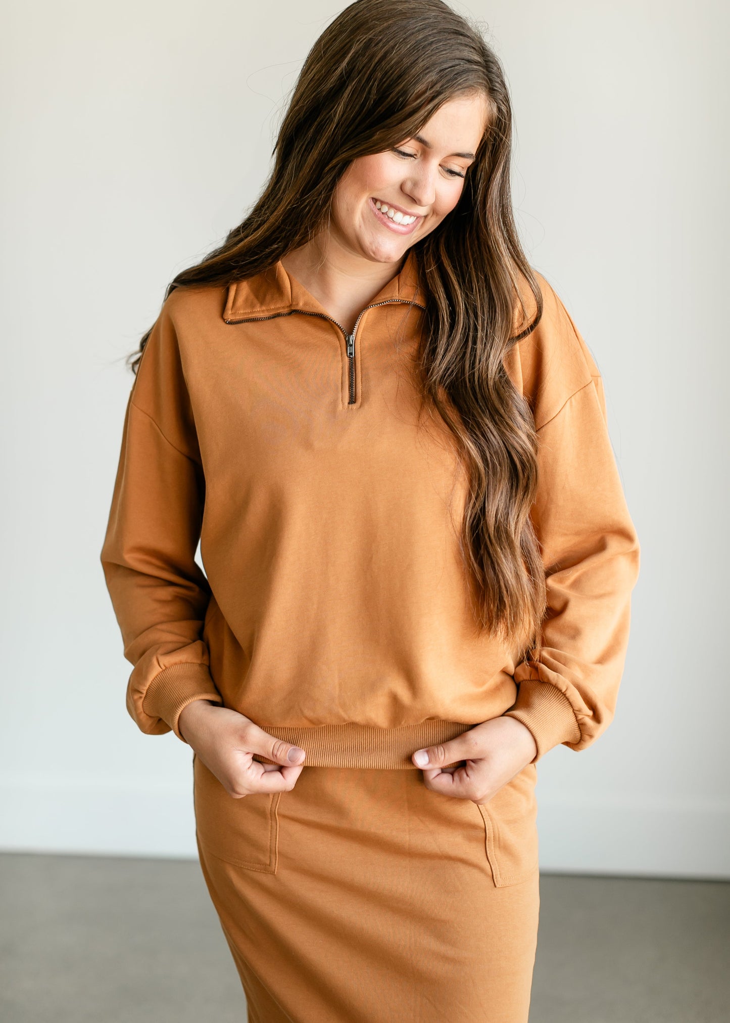 Quarter Zip French Terry Sweatshirt FF Tops Camel / S