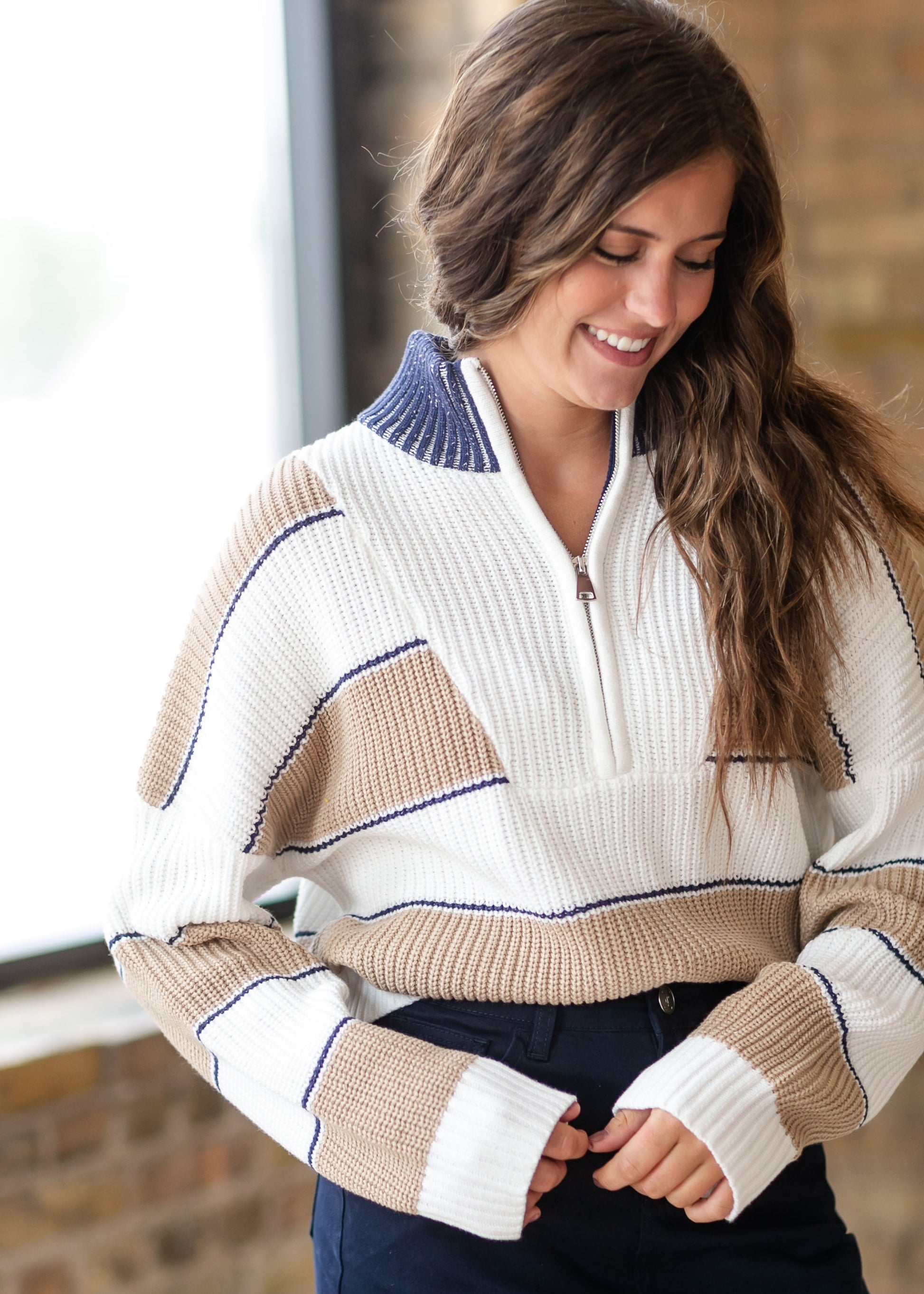 Quarter Zip Striped Sweater FF Tops