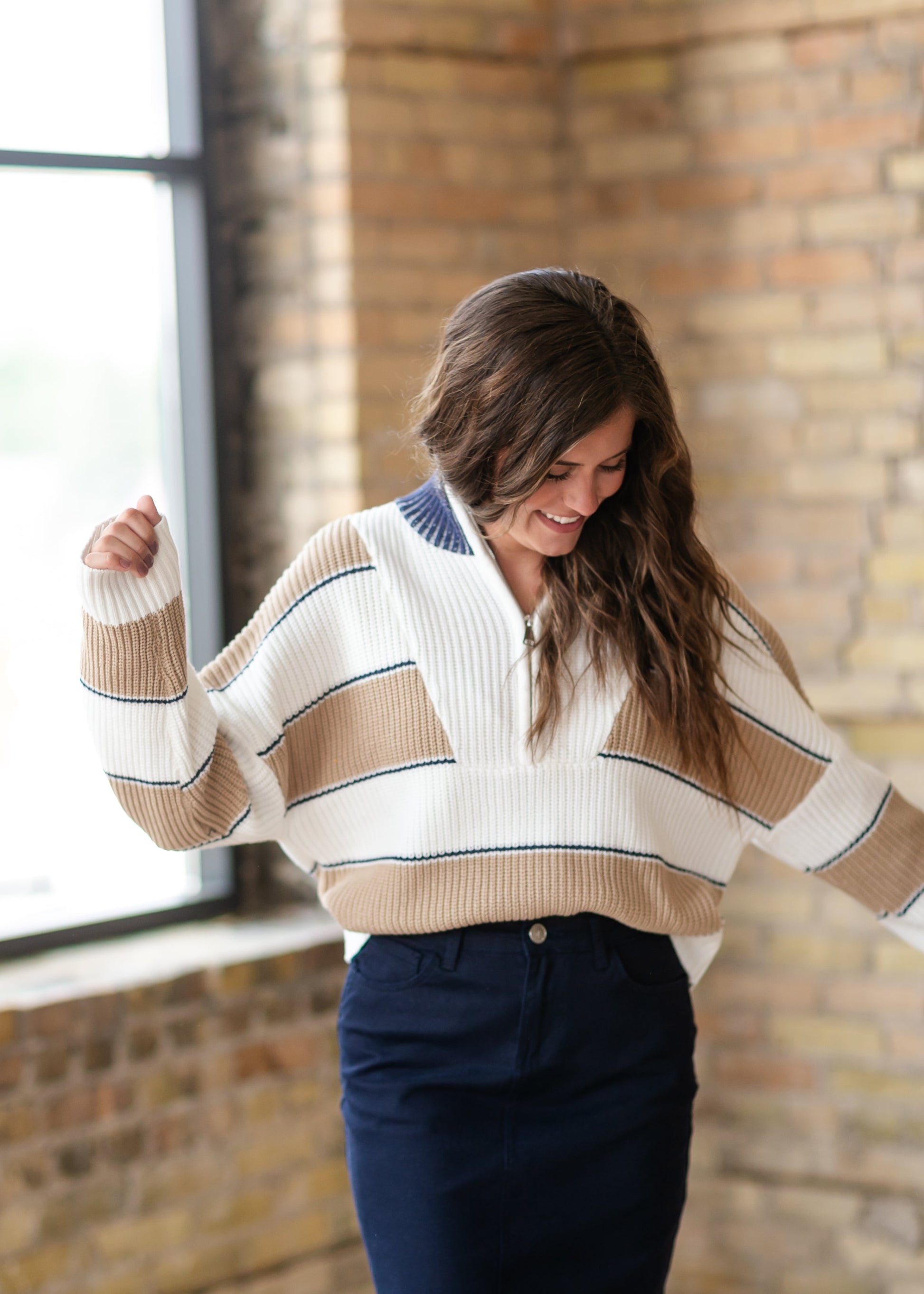 Quarter Zip Striped Sweater FF Tops