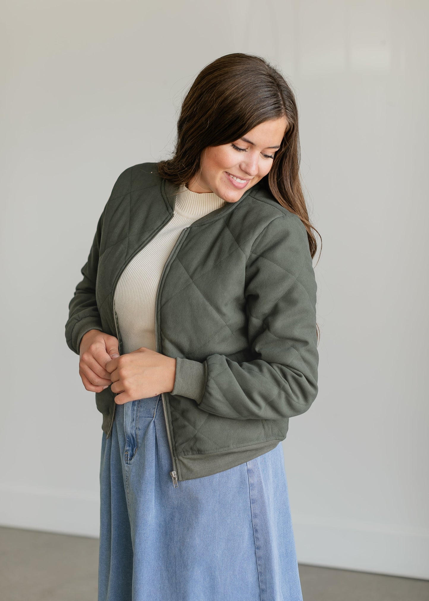 Quilted Zip Up Bomber Jacket FF Tops