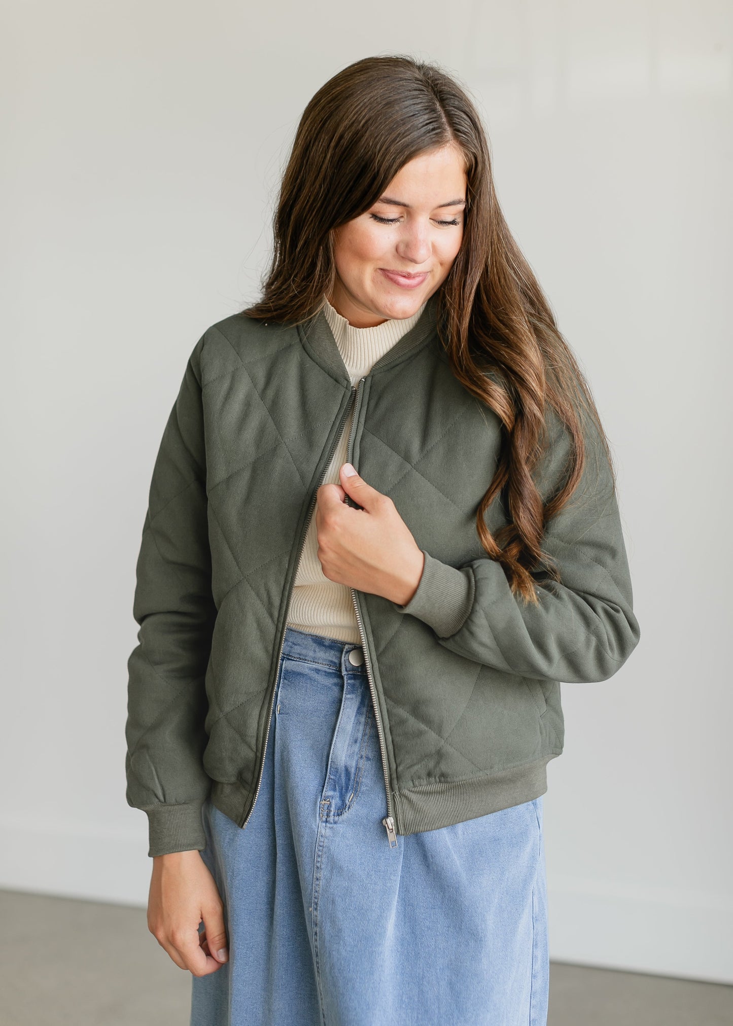 Quilted Zip Up Bomber Jacket FF Tops Olive / S