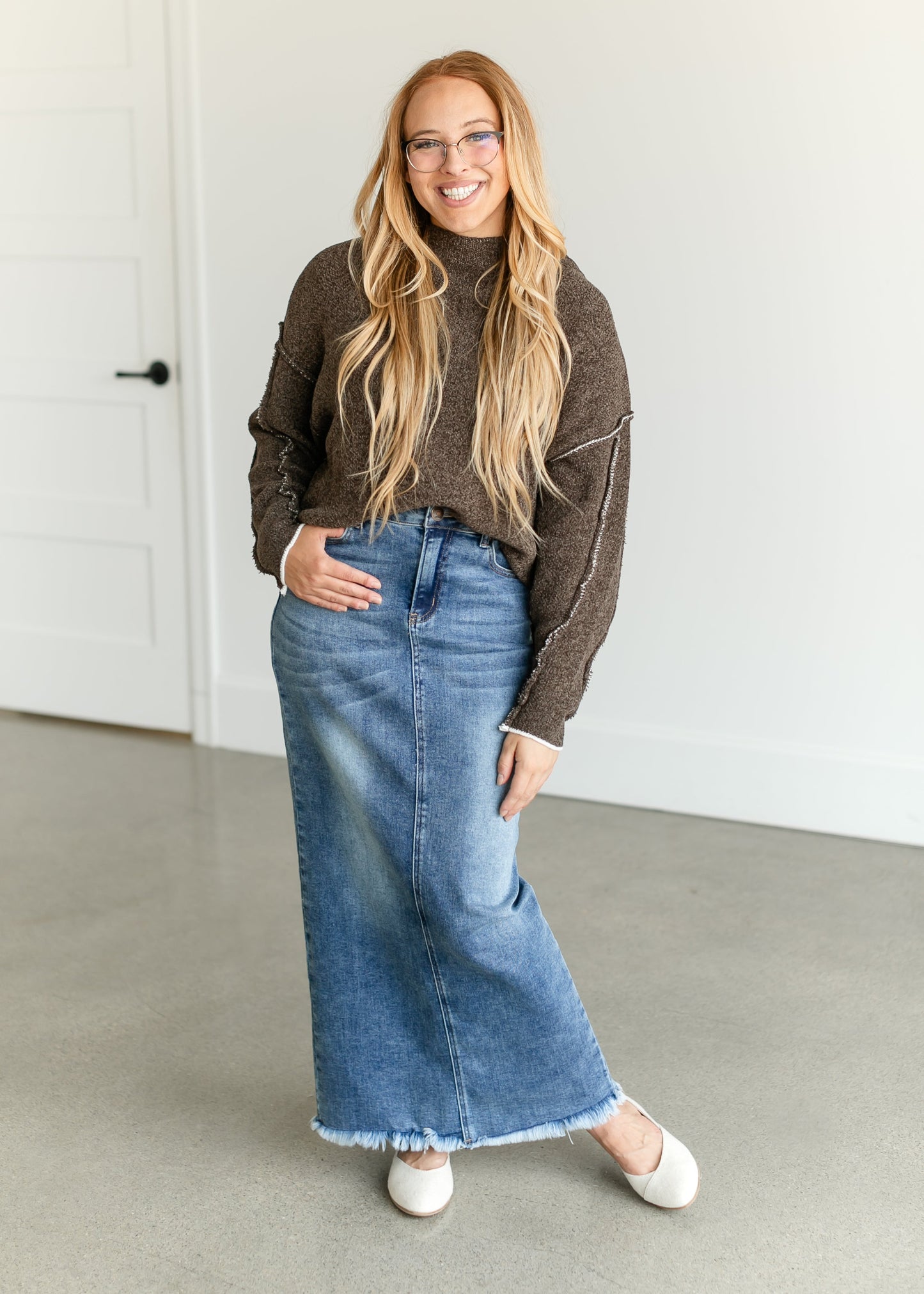 Raw Edge Long Sleeve Sweater FF Tops