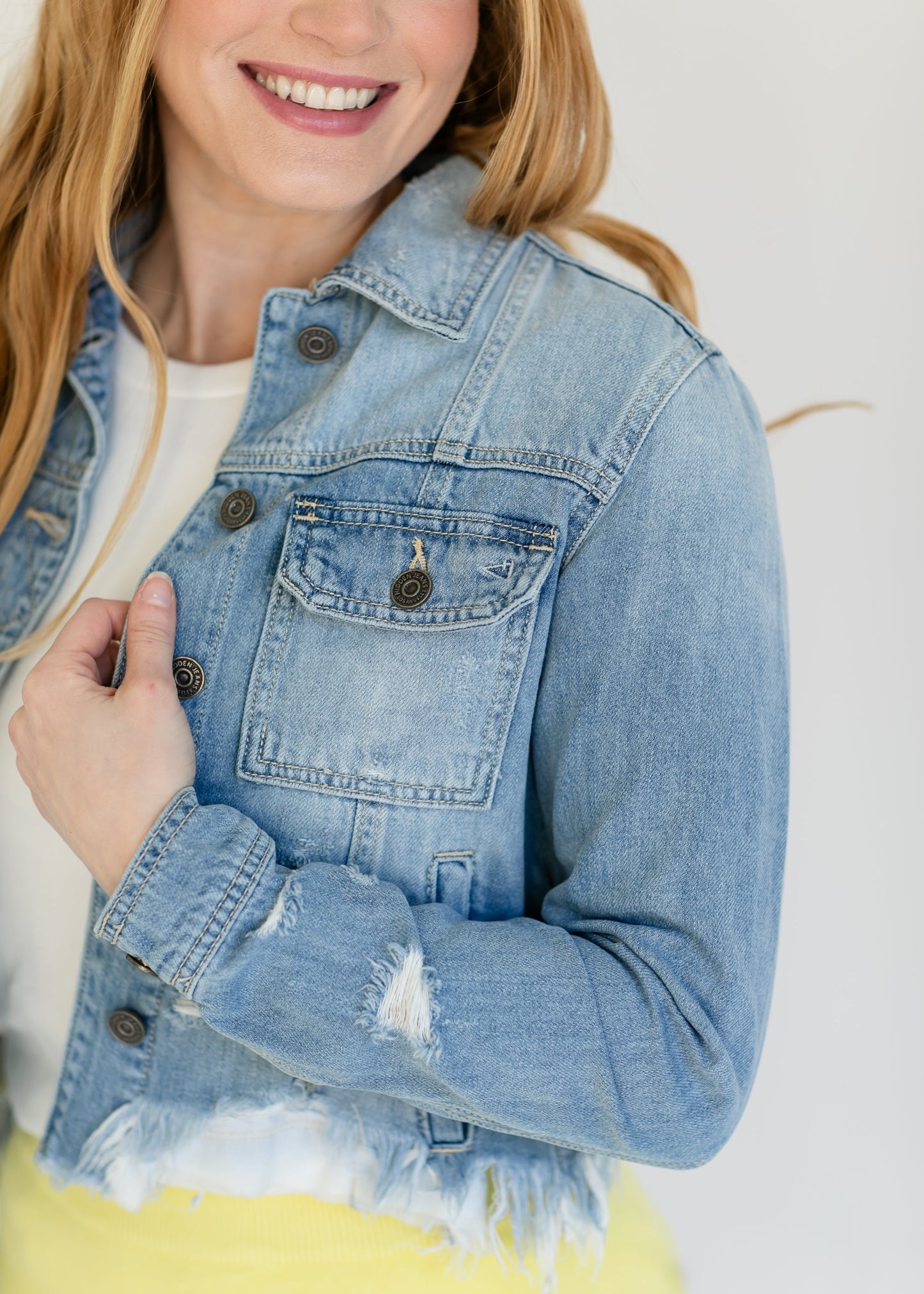 Raw Hem Distressed Light Wash Denim Jacket FF Tops