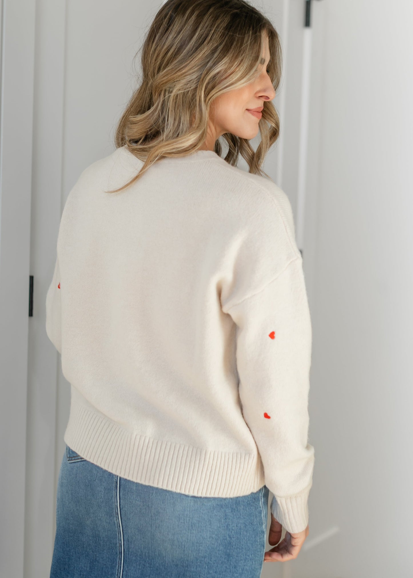 Red Heart Embroidered Knit Sweater FF Tops