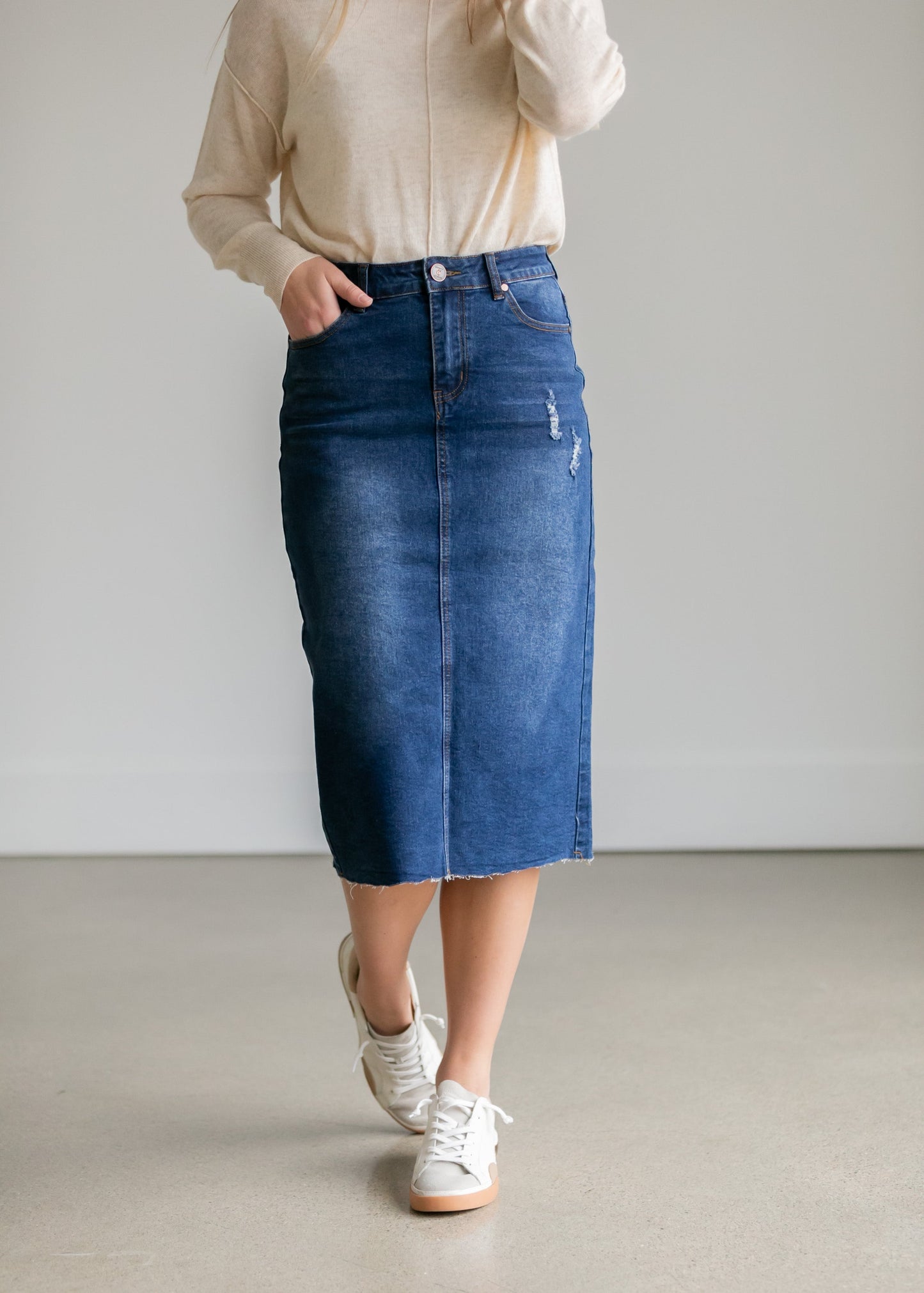 Remi Raw Hem Dark Denim Midi Skirt - FINAL SALE IC Skirts