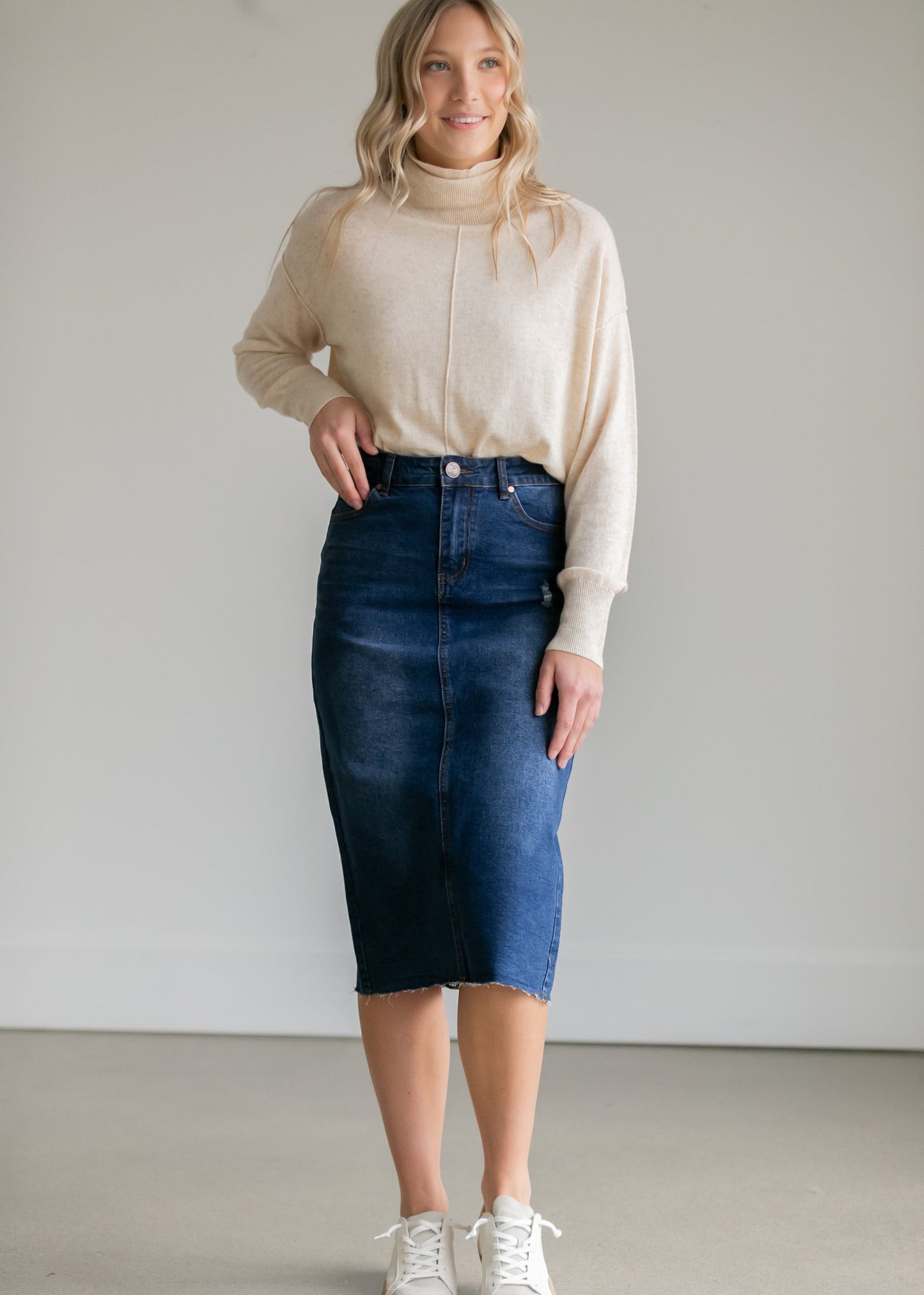 Remi Raw Hem Dark Denim Midi Skirt - FINAL SALE IC Skirts