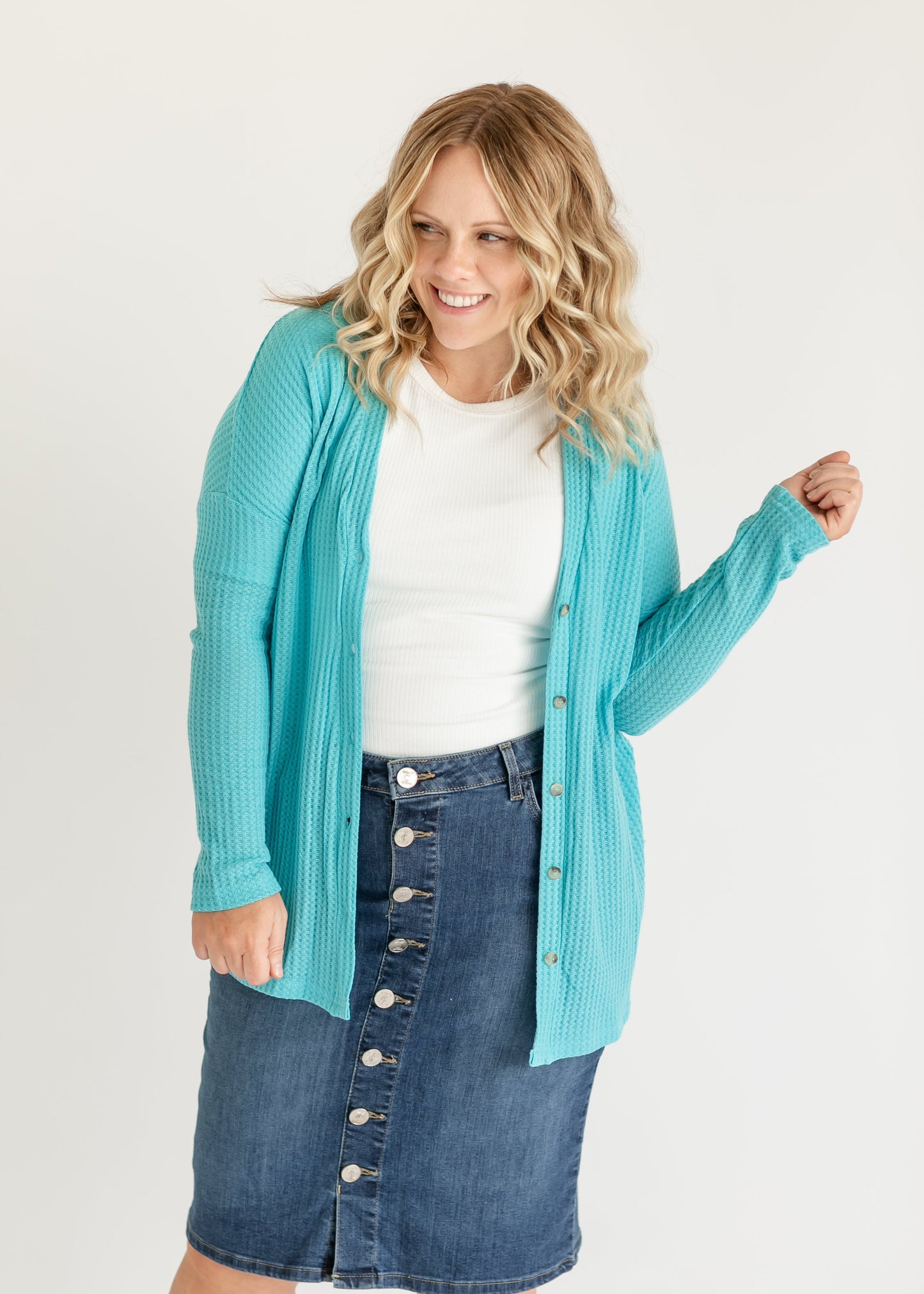 Renley Waffle Knit Button Up Top FF Tops Turquoise / Small