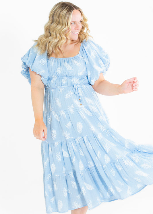 Rhea Leaf Print Puff Sleeve Tiered Midi Dress FF Dresses