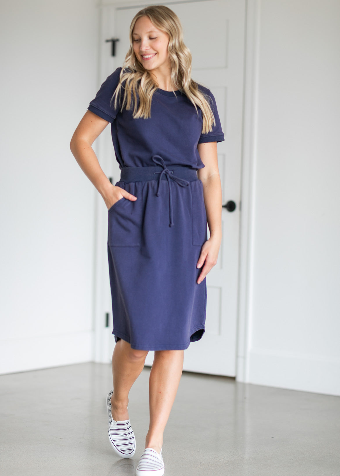 Ribbed Contrast Washed Midi Skirt Skirts Navy / S