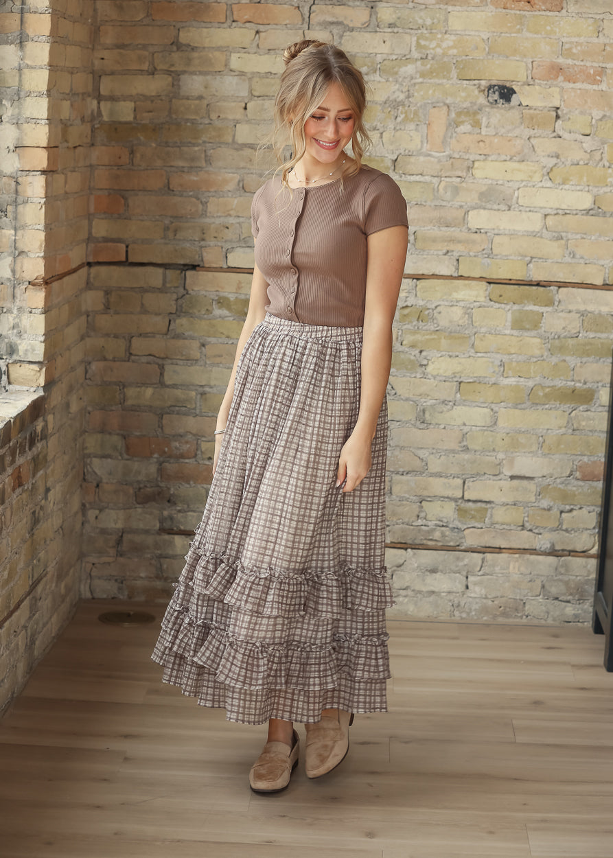 Ribbed Round Neck Mocha Short Sleeve Knit Top FF Tops