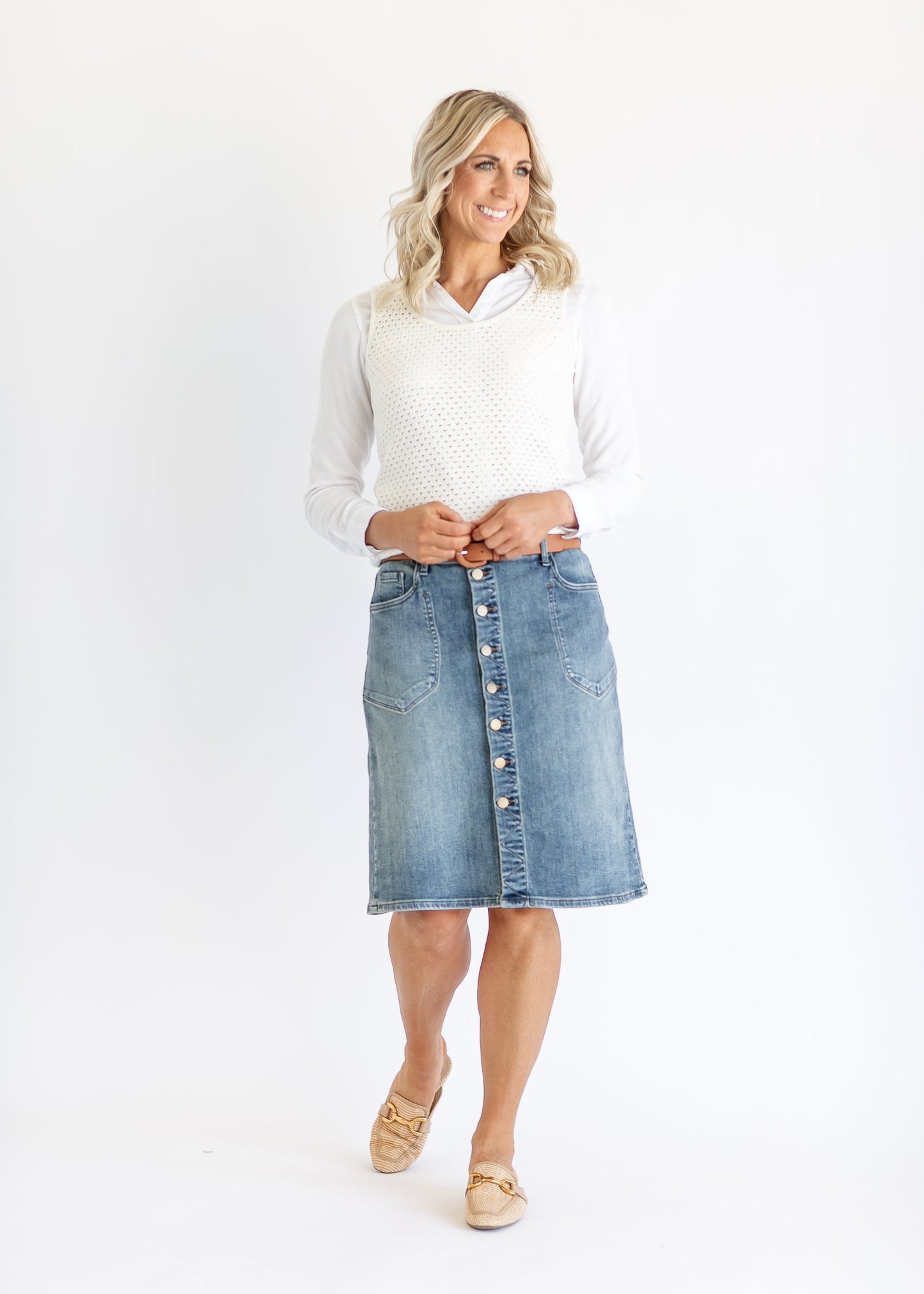 Rose Front Button Denim Midi Skirt FF Skirts