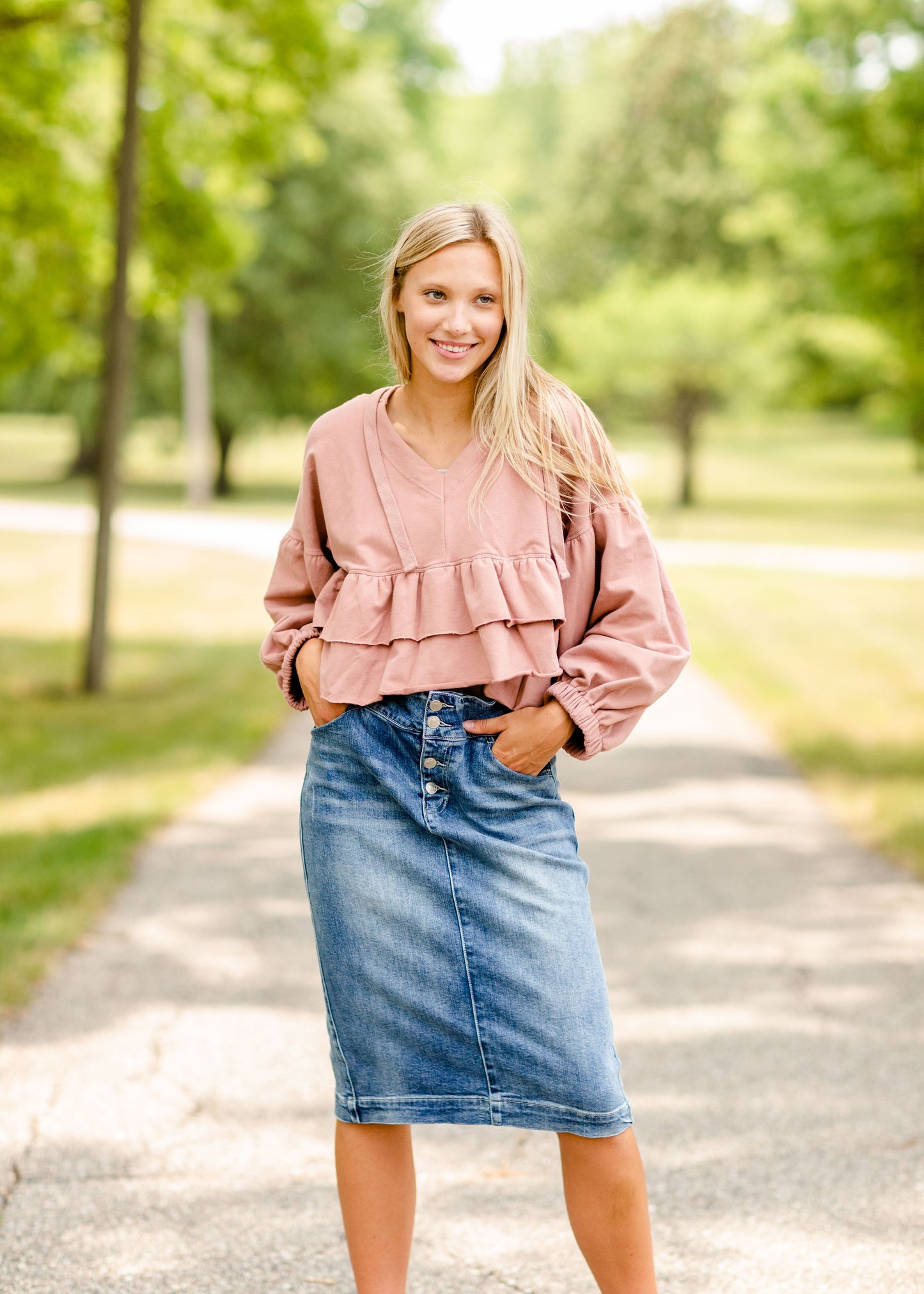 Rose V-Neck Tiered Hoodie - FINAL SALE FF Tops