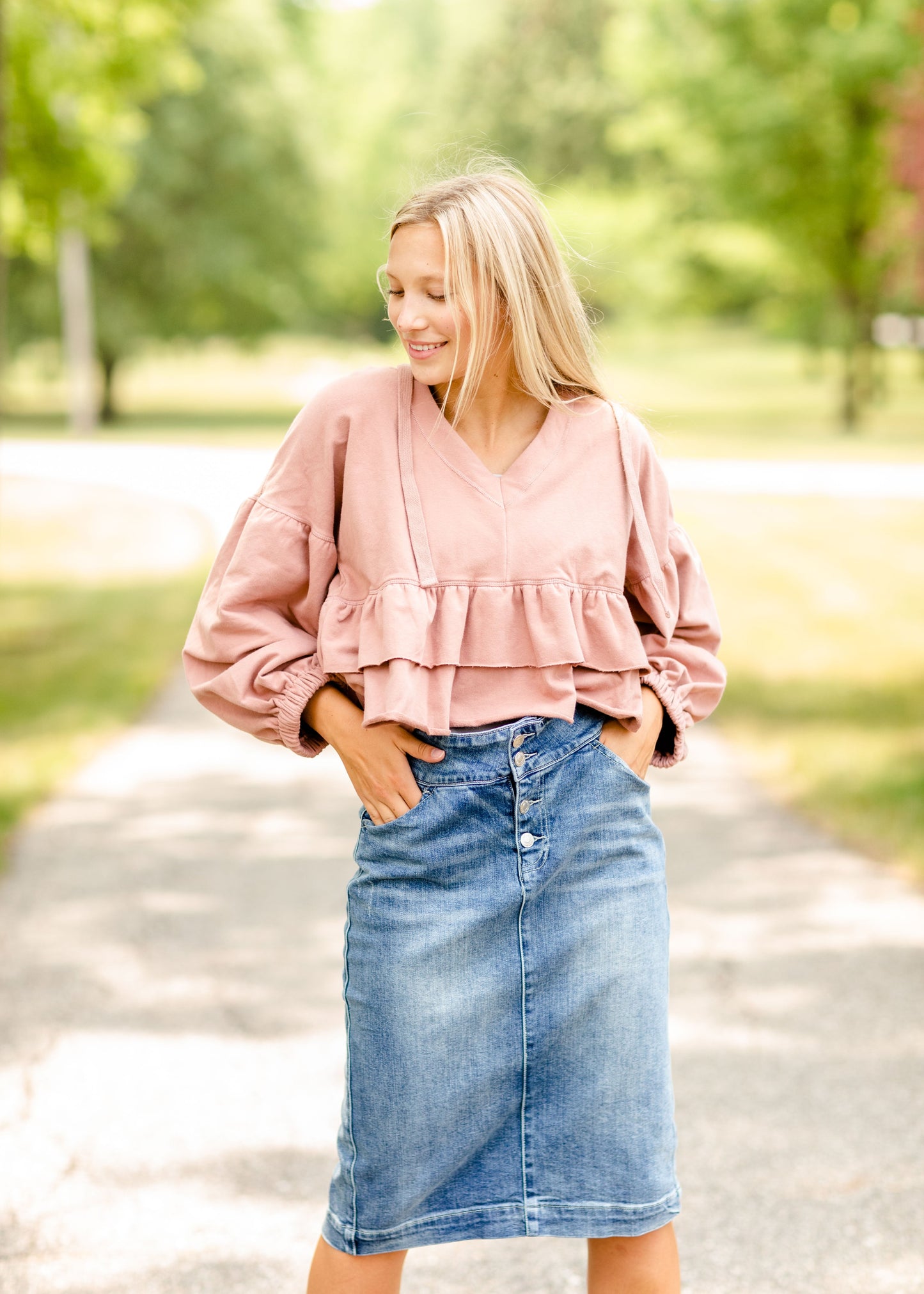 Rose V-Neck Tiered Hoodie - FINAL SALE FF Tops