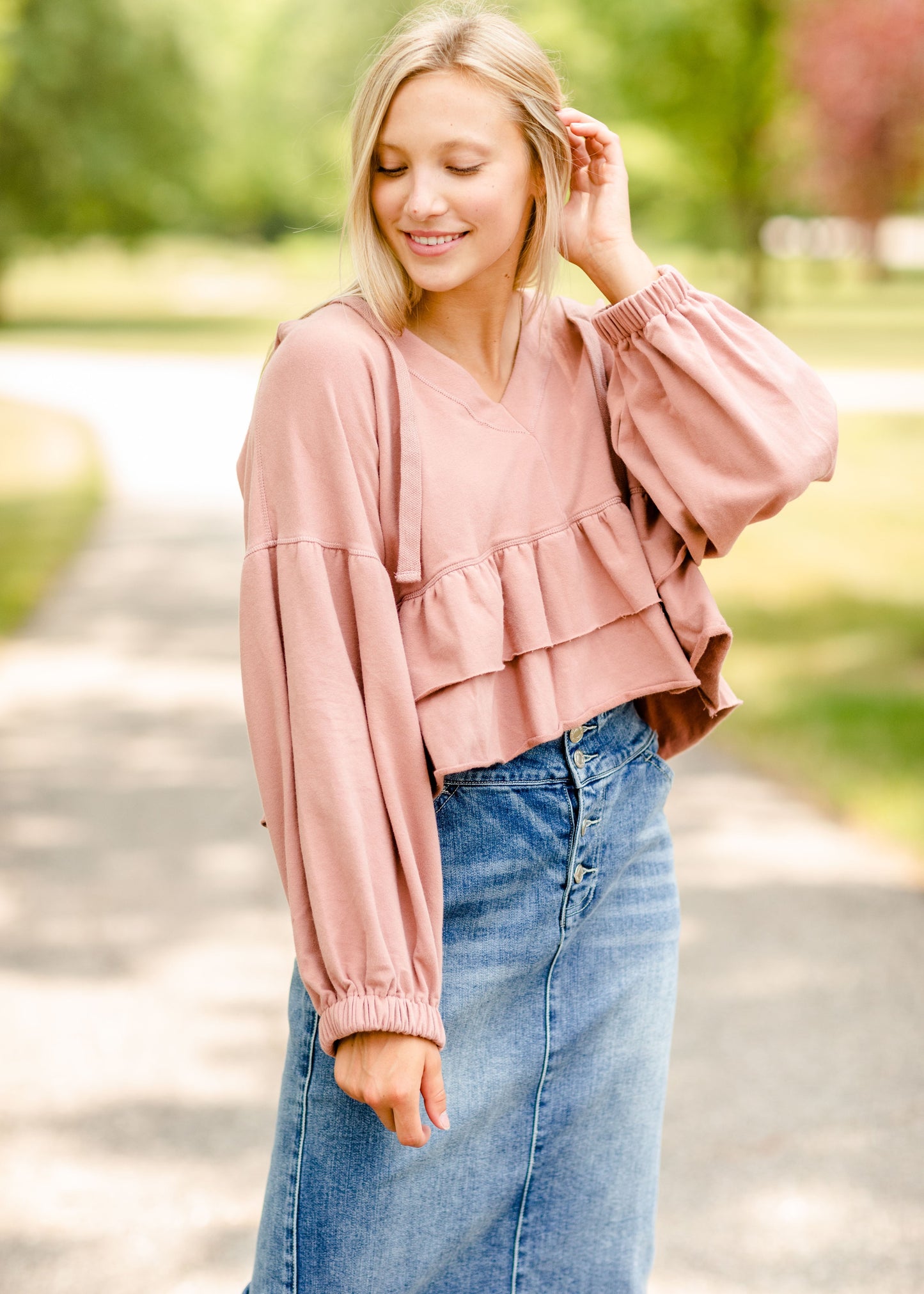 Rose V-Neck Tiered Hoodie - FINAL SALE FF Tops