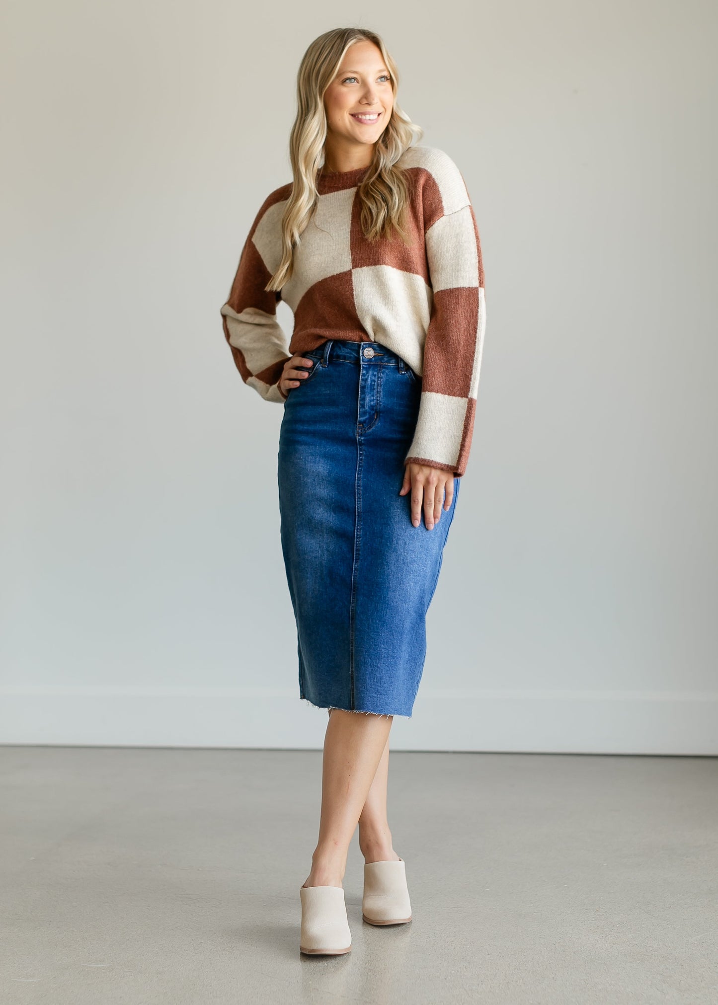 Rosi Checkered Bell Sleeve Sweater FF Tops