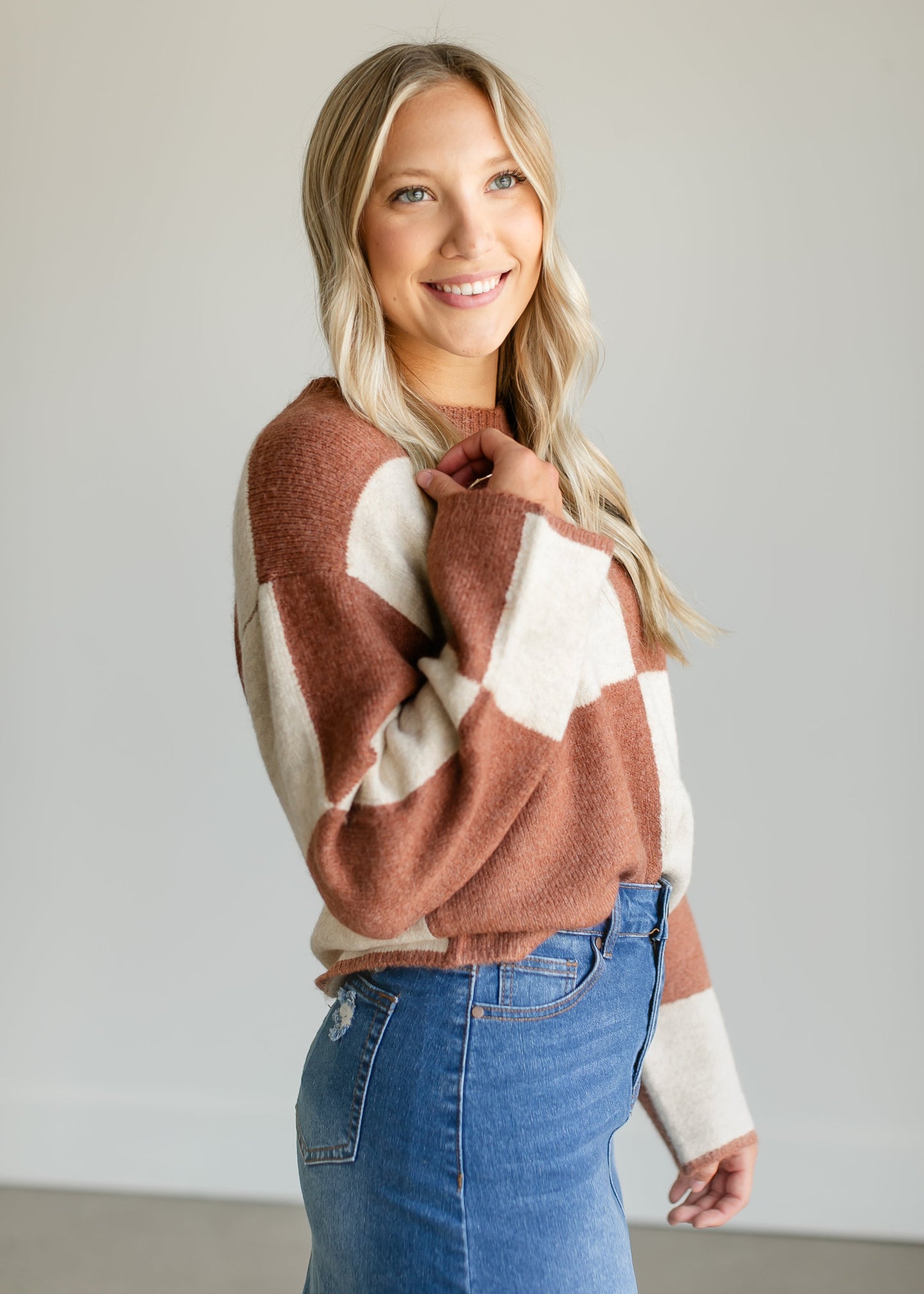 Rosi Checkered Bell Sleeve Sweater FF Tops